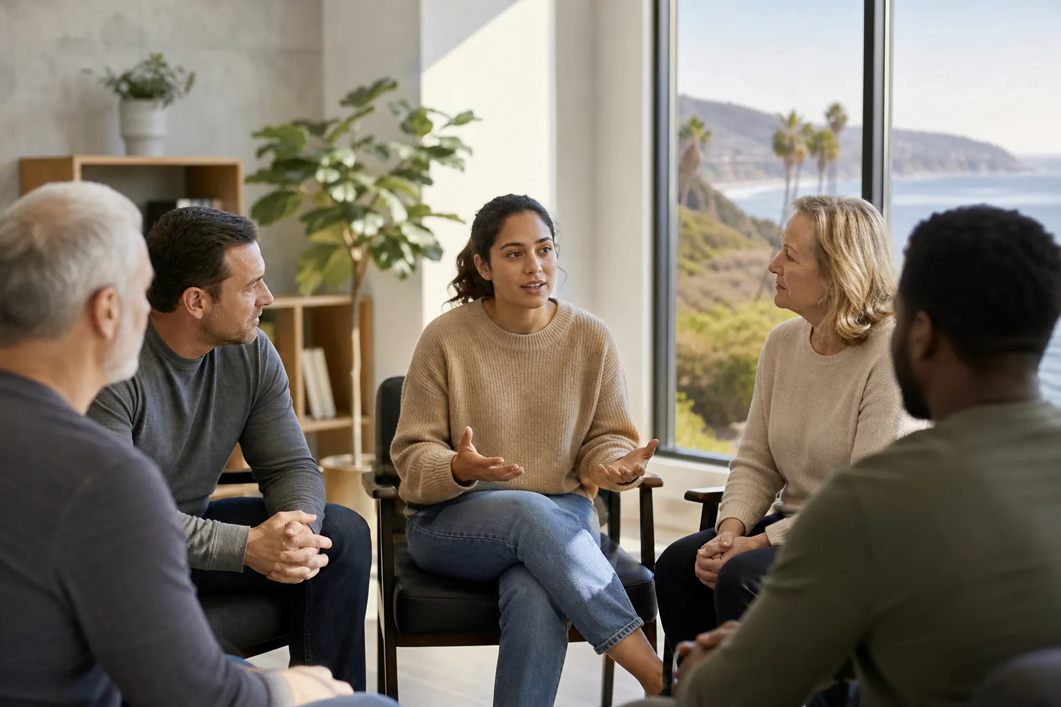 Five adults sit in a discussion circle as a woman gestures, with plants and a coastal view through large windows.