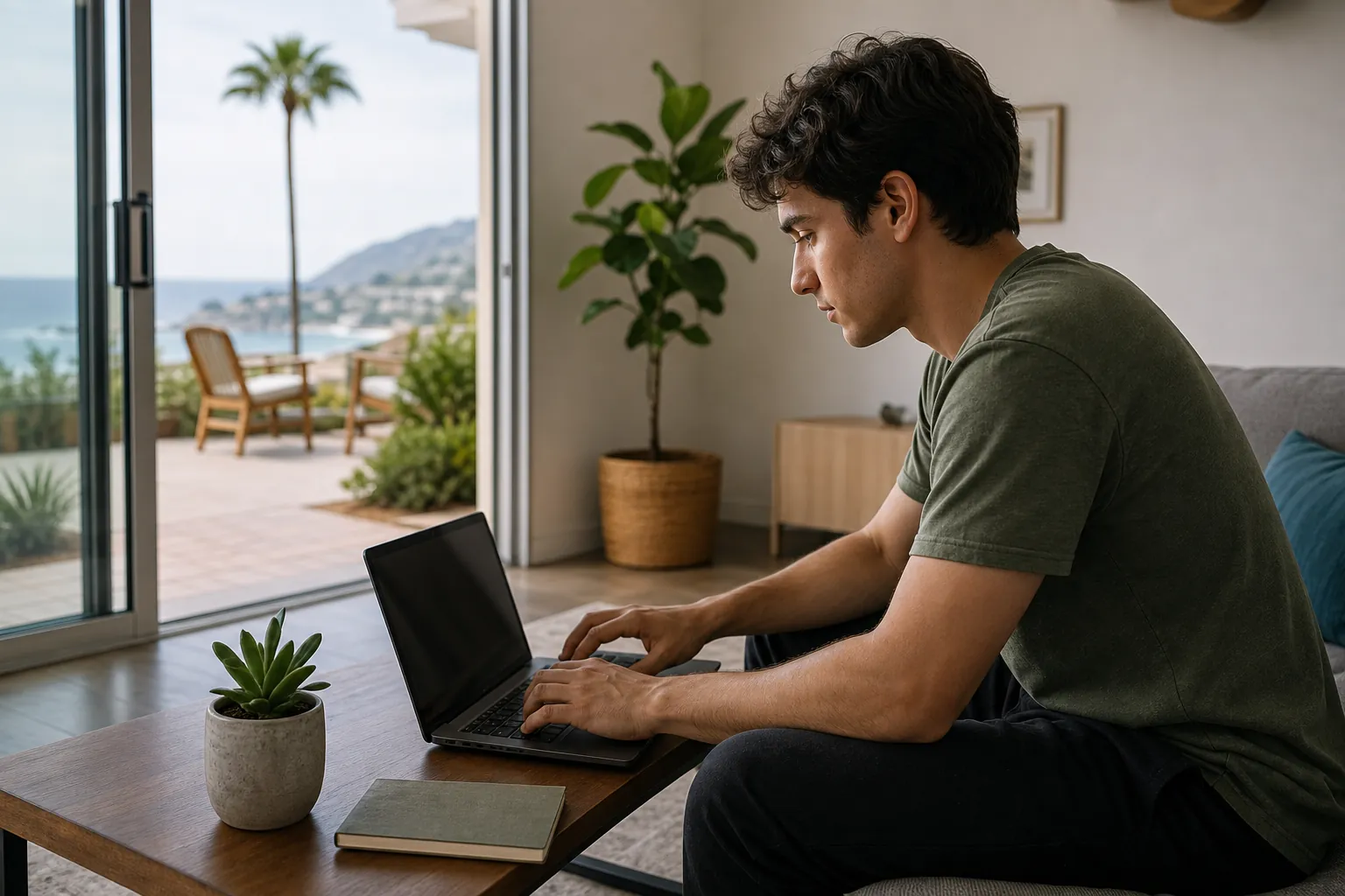 Young man using a laptop in a quiet living room with an open patio overlooking the ocean.