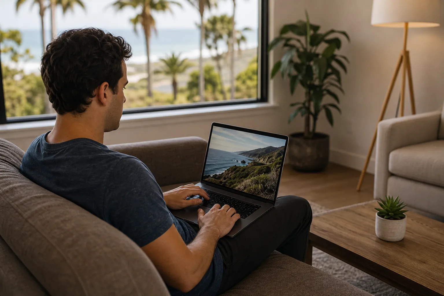 Man using a laptop on a living room sofa beside a window overlooking palm trees and the coast