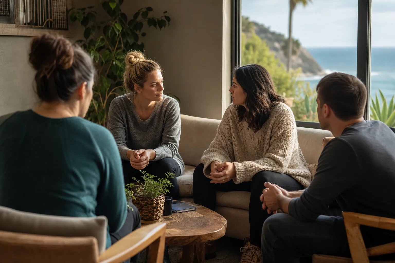 Four adults sit in a counseling circle near a window, with a smartphone placed face down on the coffee table.