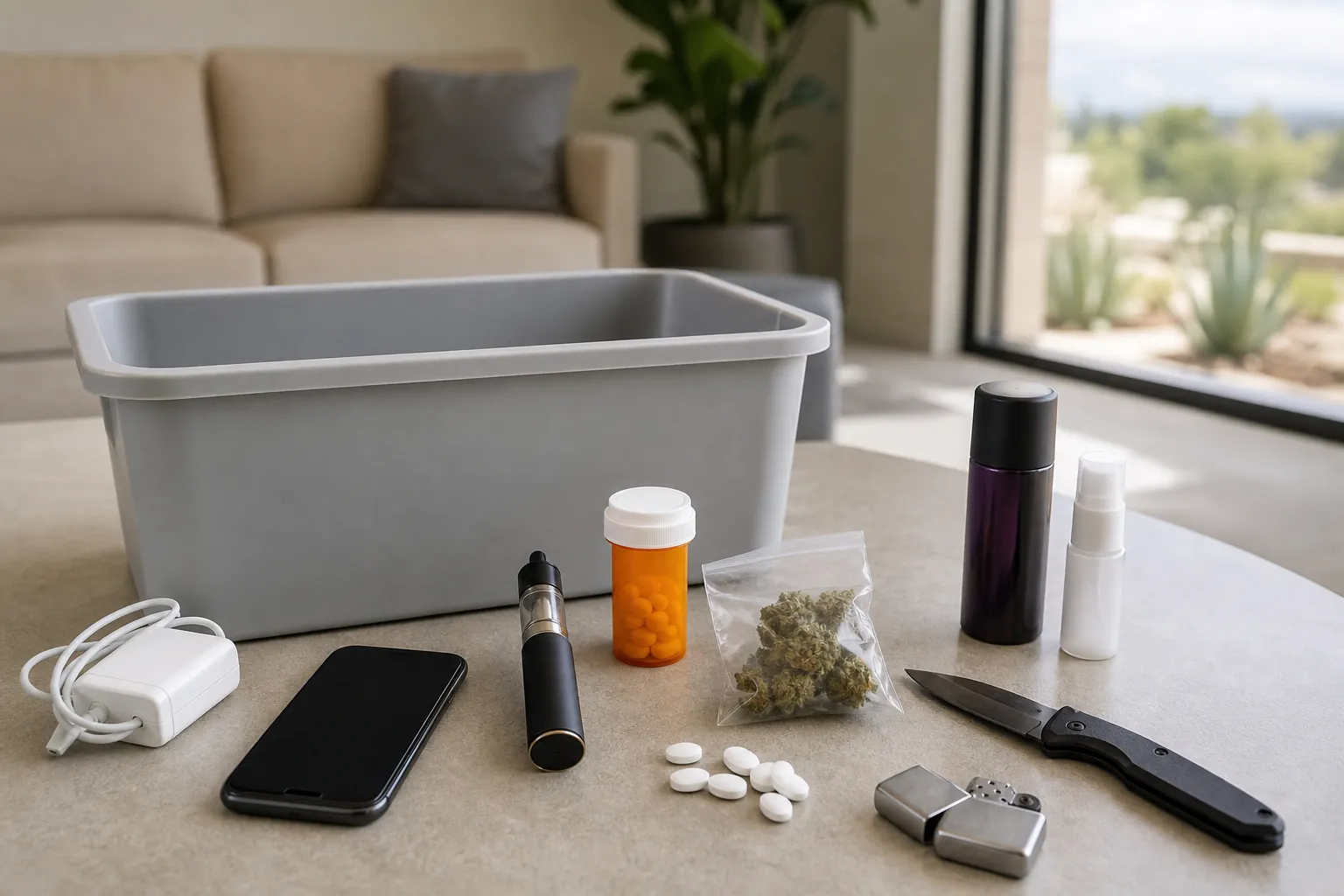 Editorial illustration of Which Items Are Commonly Prohibited at California Luxury Rehabs?