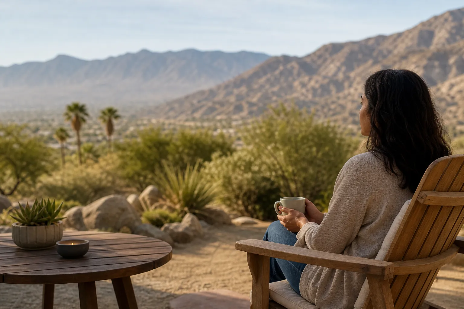 Woman Relaxing on a Patio Overlooking Desert Mountains A woman holds a mug in a wooden patio chair overlooking desert mountains, with a succulent and candle on a nearby table.