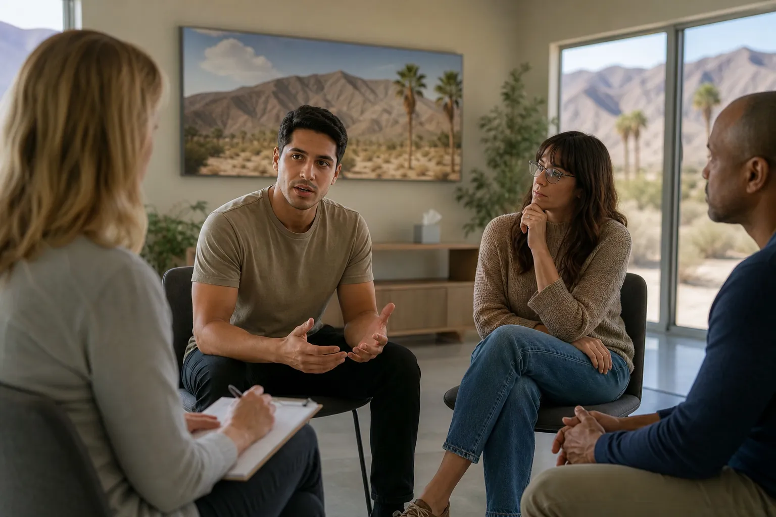 Group Counseling in a Desert Treatment Setting Four adults sit in a counseling circle as a man speaks, with a clipboard and desert mountain views visible.