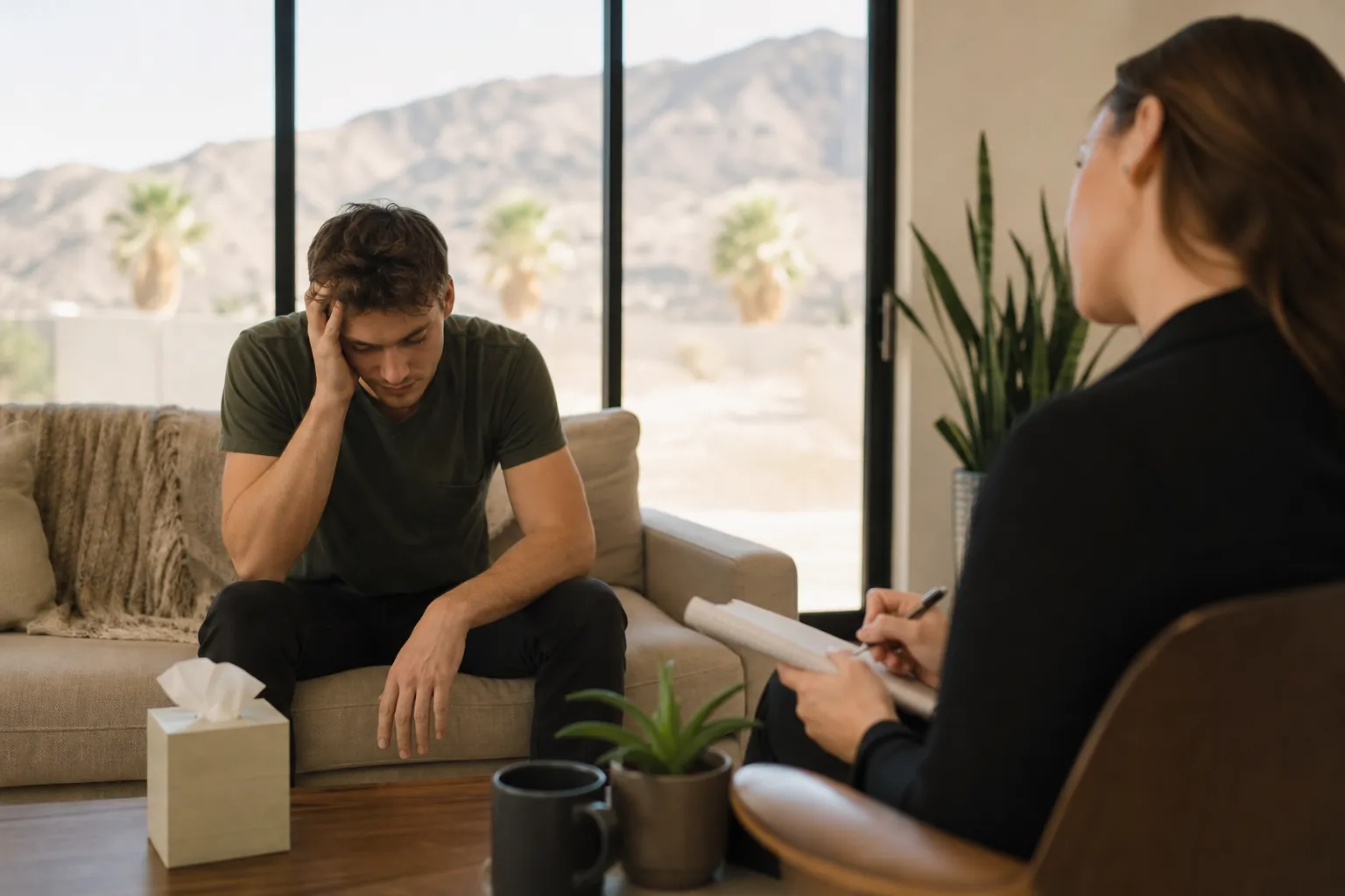 Distressed Man Speaking With a Counselor A distressed man sits with his head in one hand across from a woman holding a pen and notepad, with desert mountains outside.