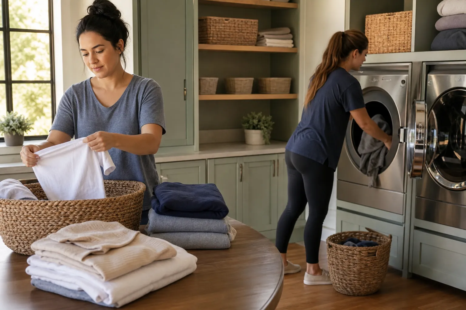 Women Using a Shared Residential Laundry Room Two women sort and load laundry in a shared room with front-loading machines, folded linens, baskets, and storage shelves.