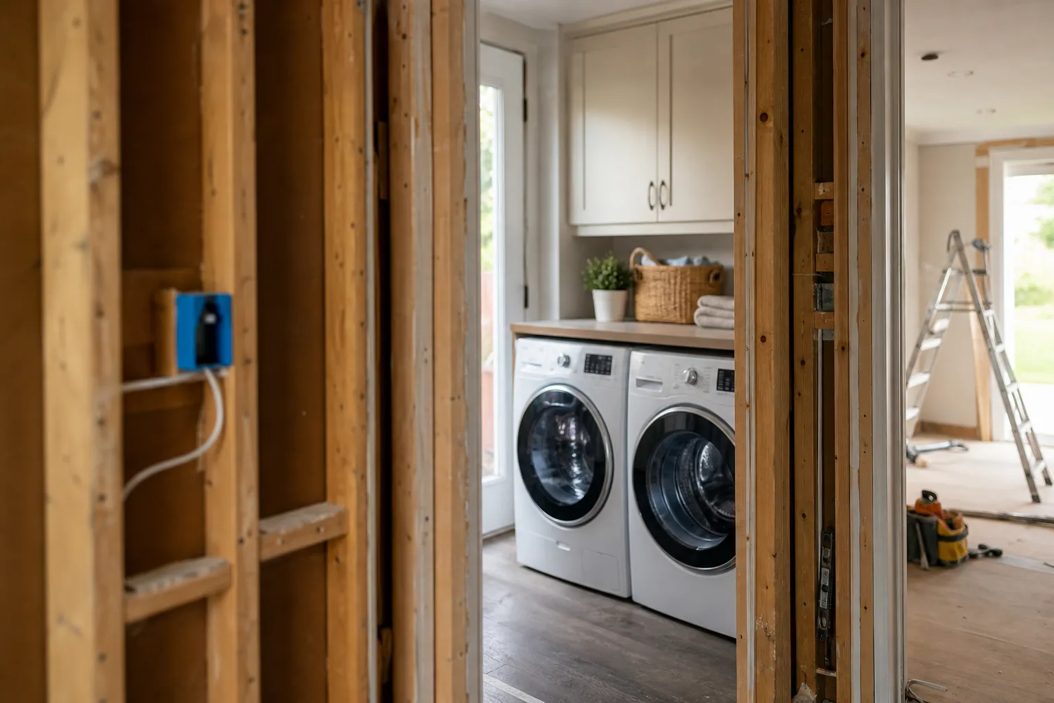 Accessible laundry room during residential renovation Washer and dryer remain accessible in a finished laundry room beside exposed wall framing and renovation tools.