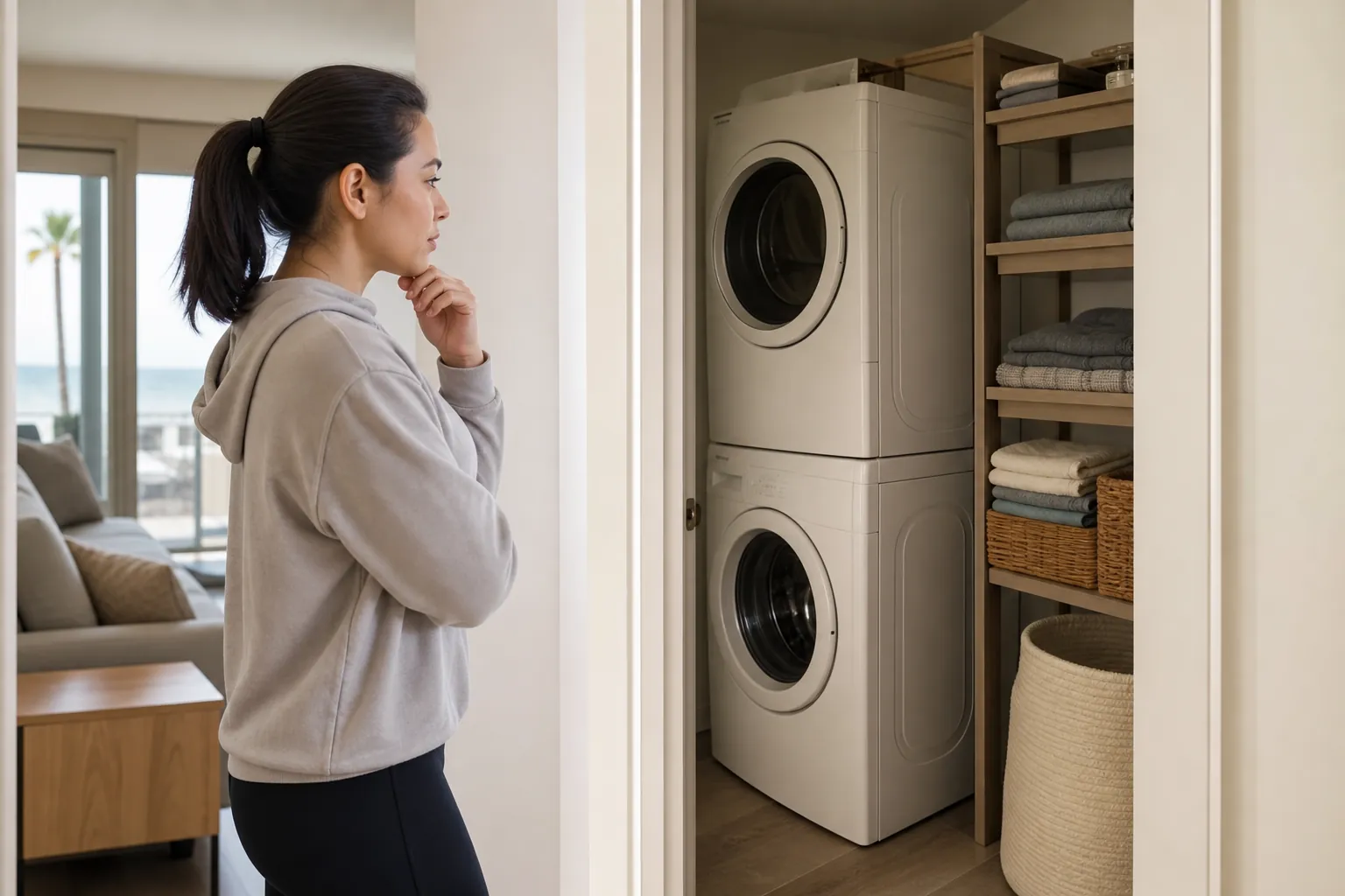Planning Access to a Home Laundry Closet Before Rehab Woman considering a stacked washer and dryer in a closet with folded towels, baskets, and laundry storage.