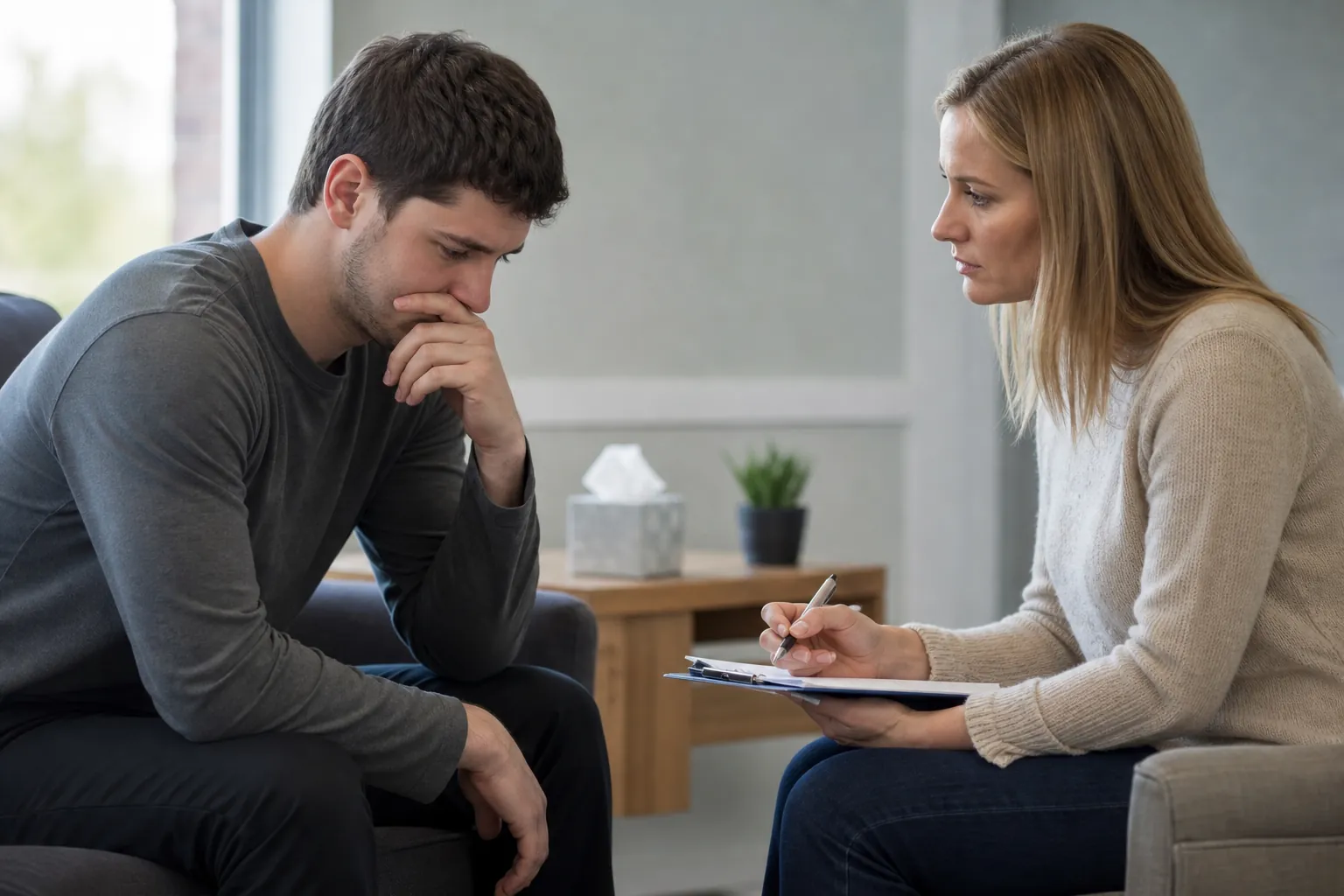 A man leans forward with a hand near his mouth while a woman facing him holds a pen and clipboard in a quiet office.