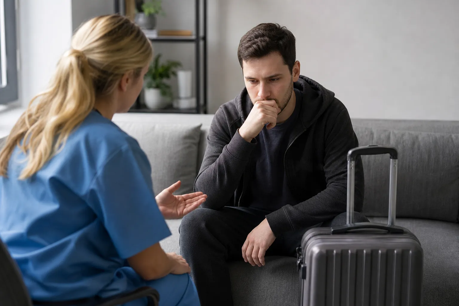 A woman in blue scrubs gestures toward a pensive man seated on a gray sofa with a rolling suitcase beside him.