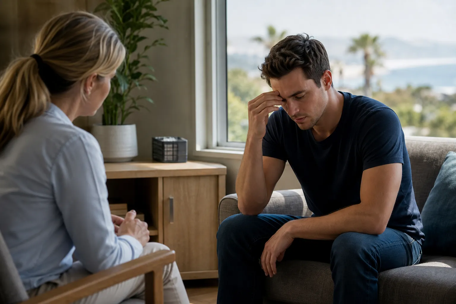 A concerned man sits leaning forward on a sofa with a hand against his forehead, facing a woman seated beside him.