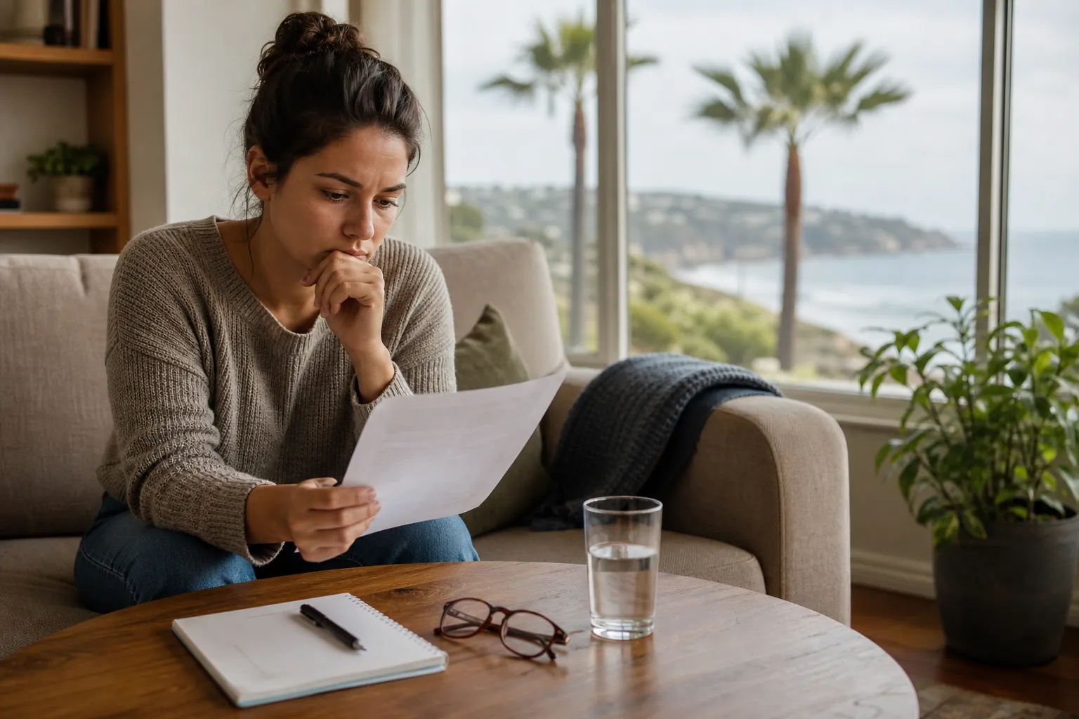 Concerned woman sits on a sofa reading a document, with a notebook, glasses, and water on the table.