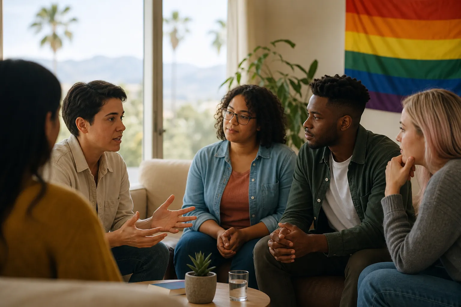 LGBTQ+ Friendly Group Counseling Session Five adults sit in a counseling circle beside a rainbow Pride flag, suggesting an LGBTQ+ friendly support group.