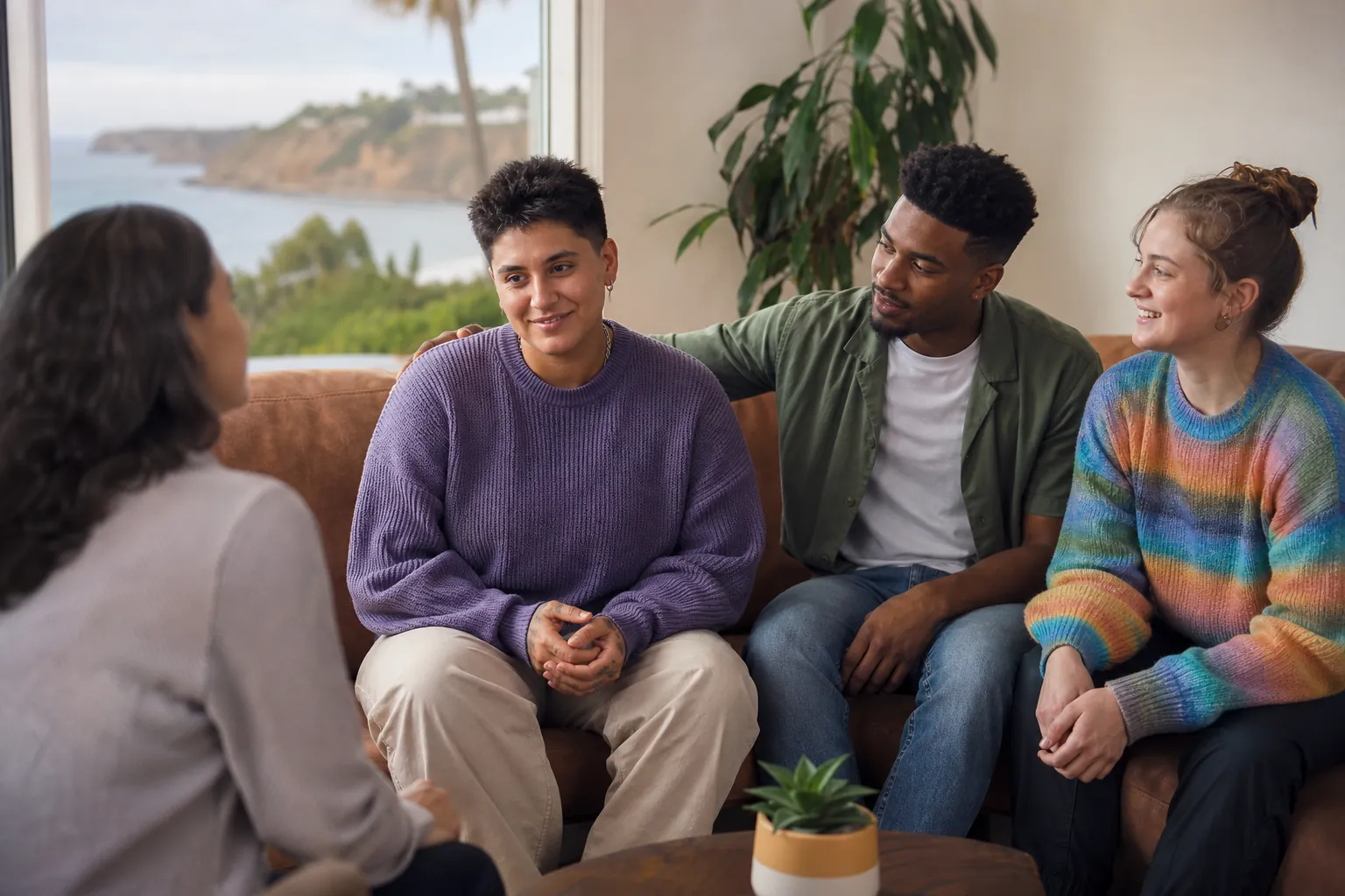 Supportive group counseling in a welcoming coastal setting A counselor leads a supportive group session with three diverse adults in a bright coastal room.