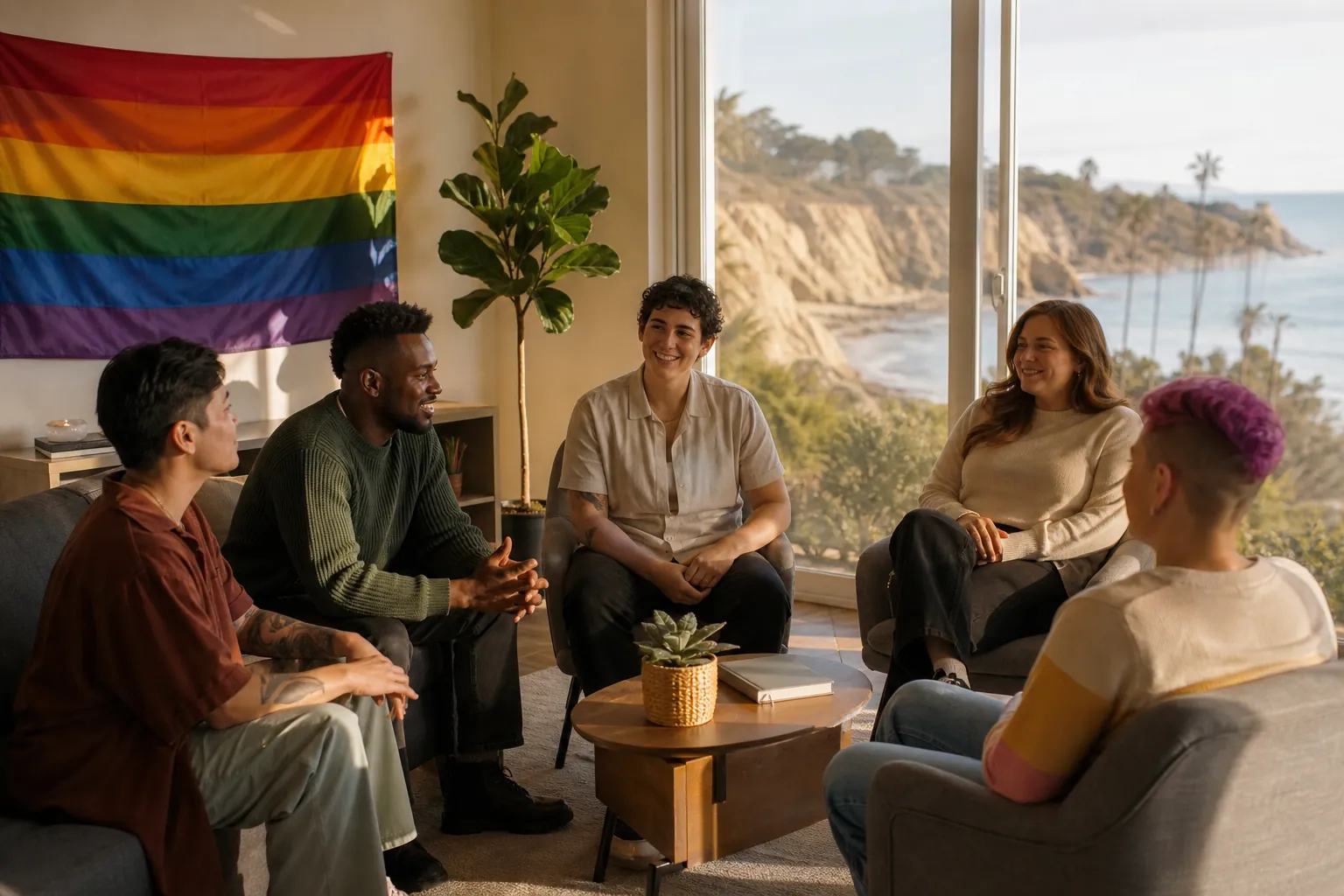 LGBTQ+ affirming support group in coastal California Five adults gather in a supportive group setting beside a rainbow flag, with California's coast visible through the windows.