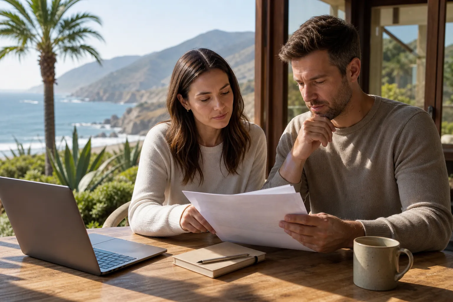 A couple reviews paperwork beside a laptop at a table overlooking a sunny California coastline and mountains.