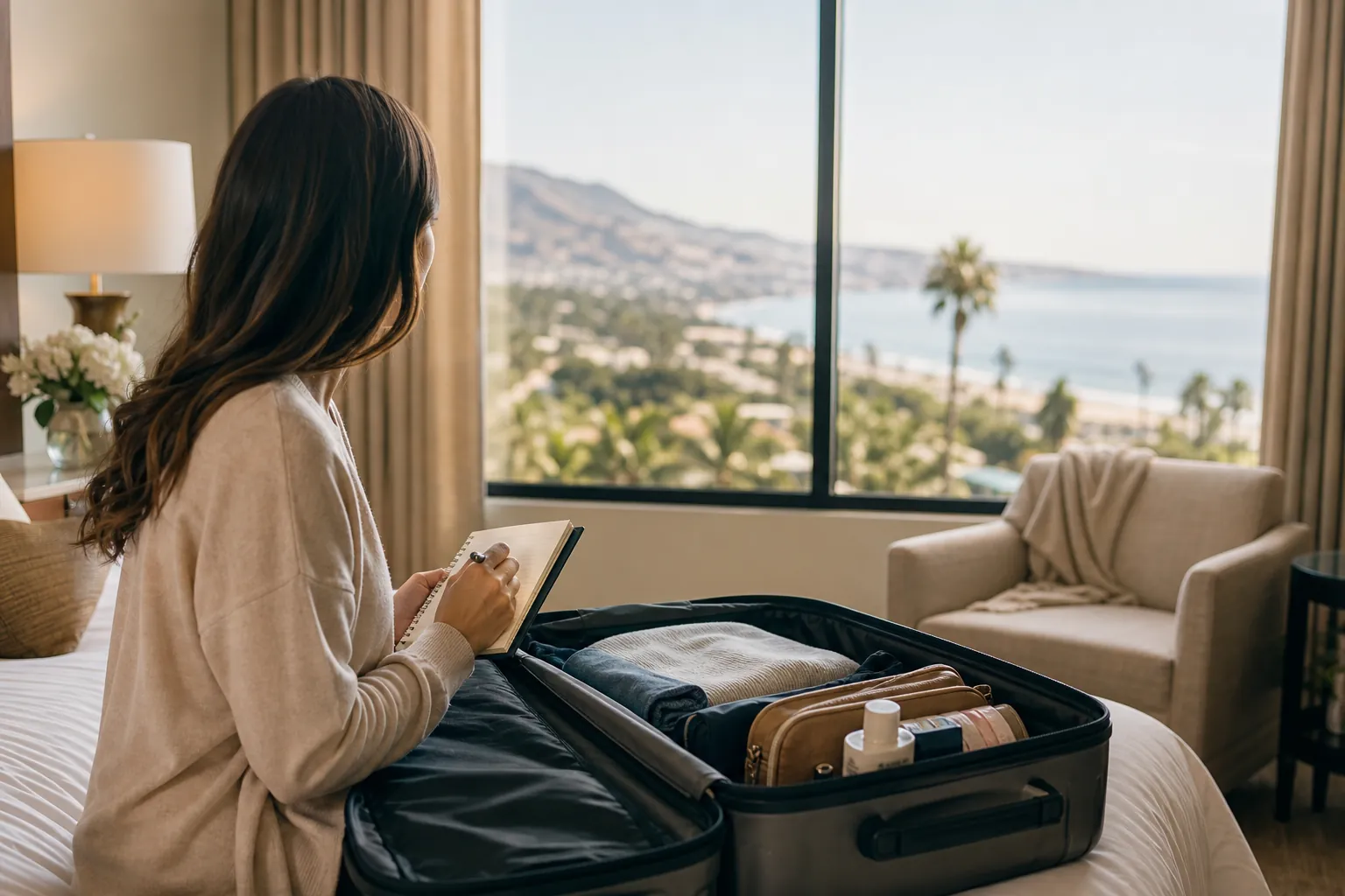 Woman writing in a notebook beside an open packed suitcase in a luxury room overlooking the California coast