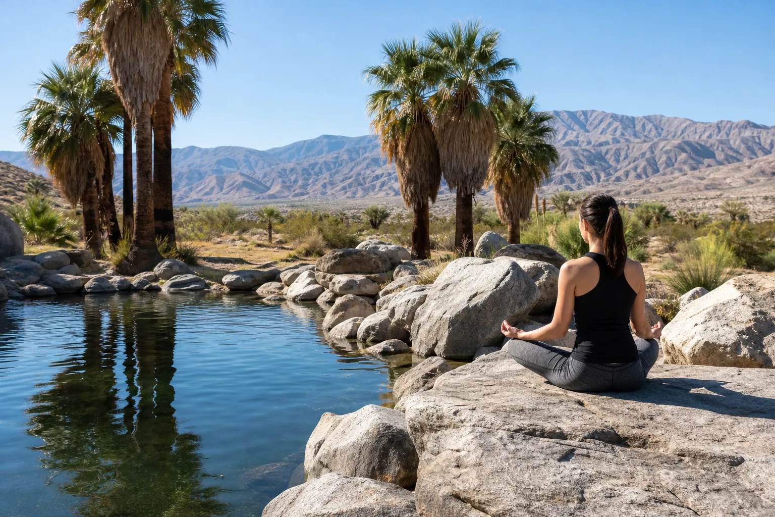 A woman sits cross-legged on a rock beside a desert pond, surrounded by palm trees with rugged mountains in the background.