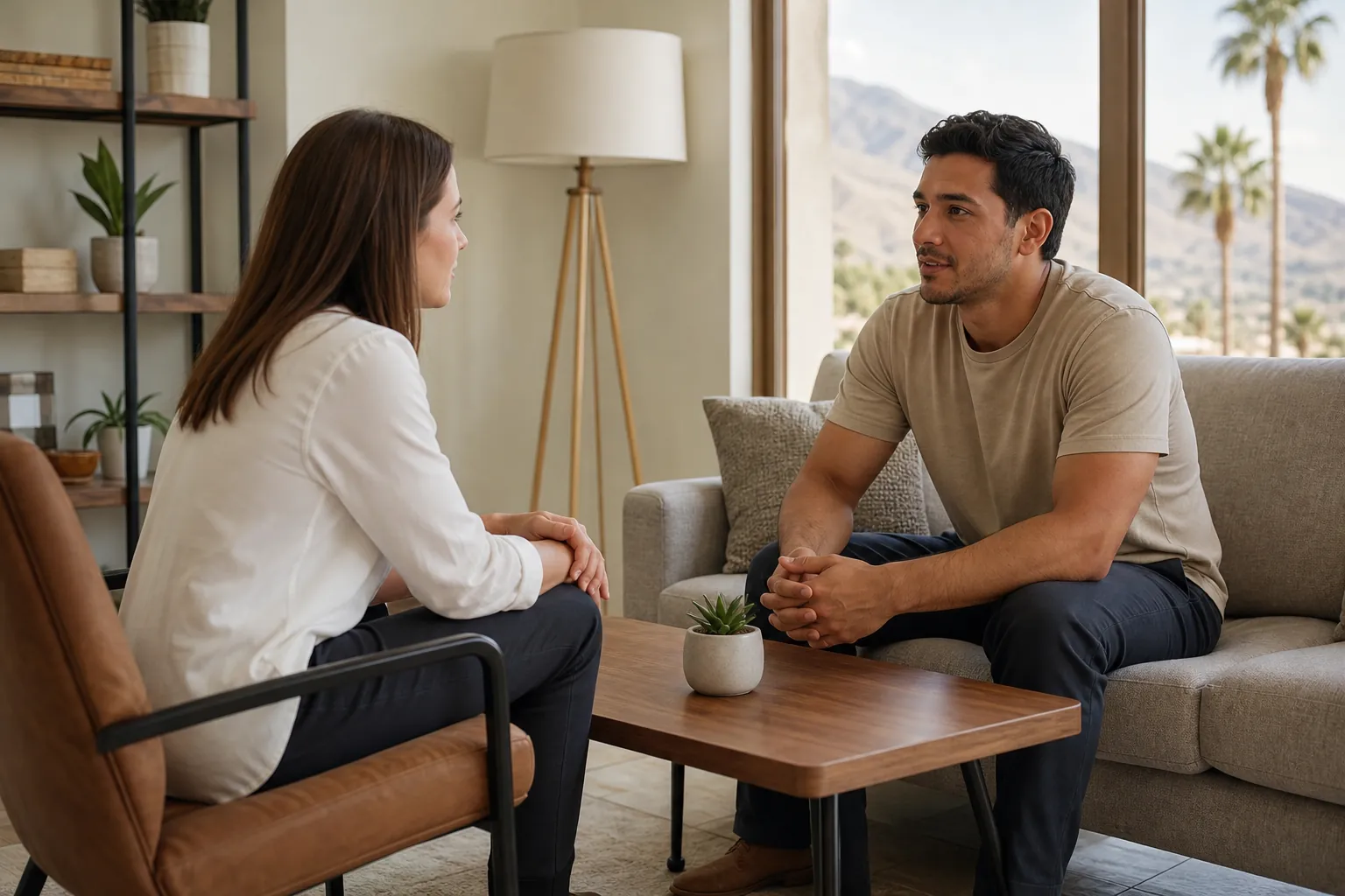 A woman and man sit facing each other in a bright office with a coffee table, desert mountains and palm trees outside.