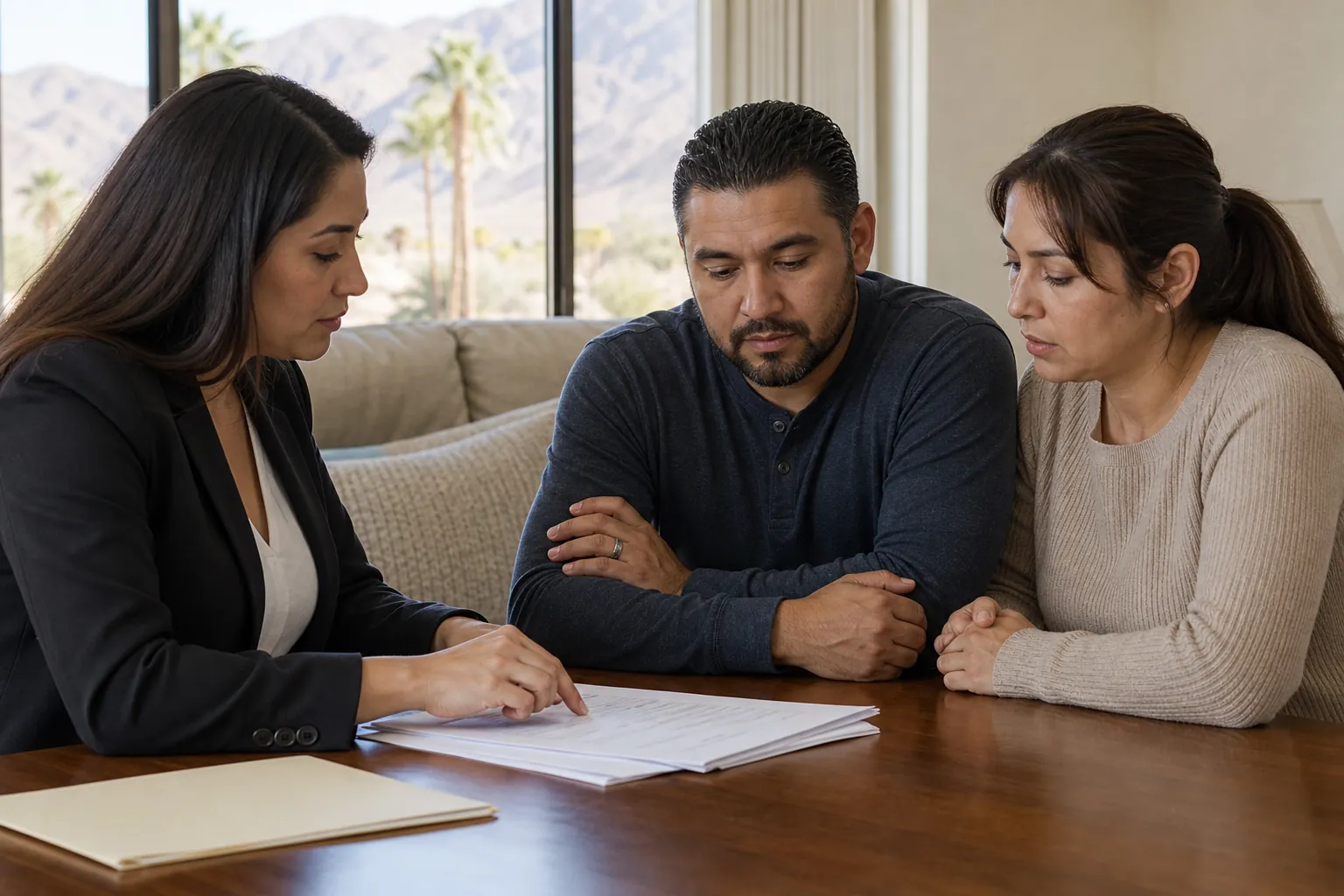 A woman in a black blazer reviews paperwork with a couple at a wooden table, with palm trees and mountains outside.
