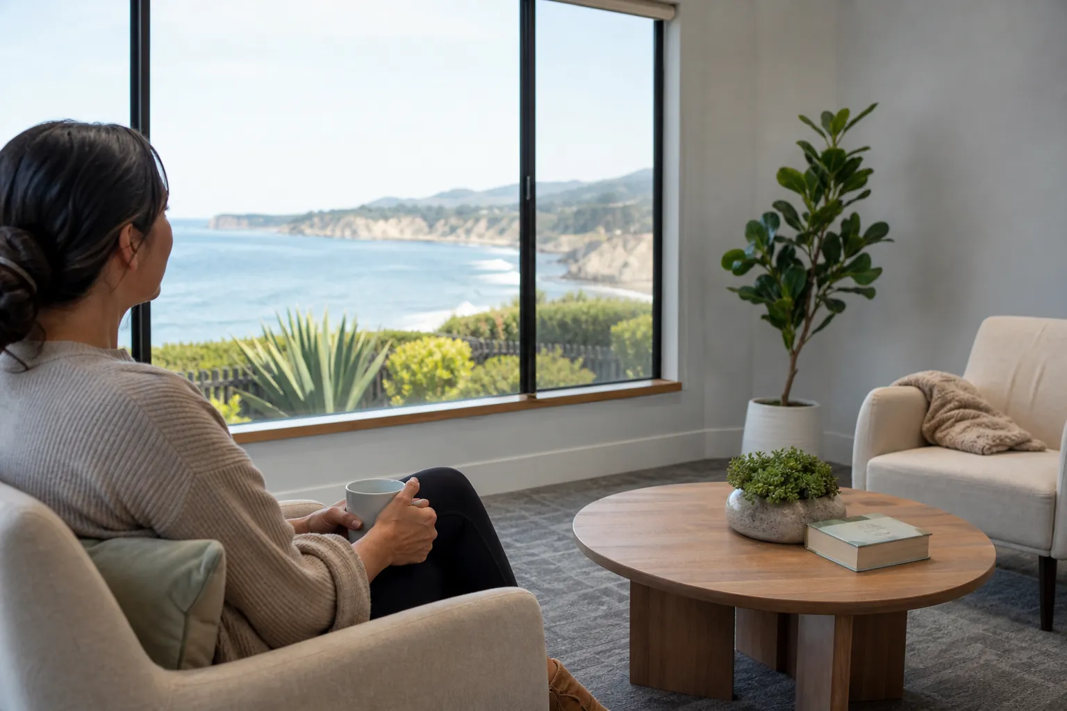Woman holding a mug in a calm, furnished room with large windows overlooking the California coast.