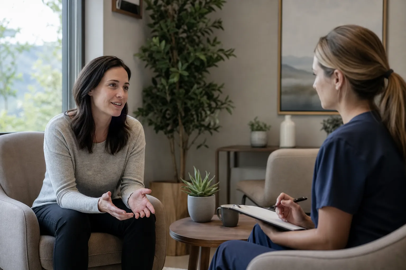 A patient speaks with a medical professional in scrubs who takes notes in a calm, private consultation room.