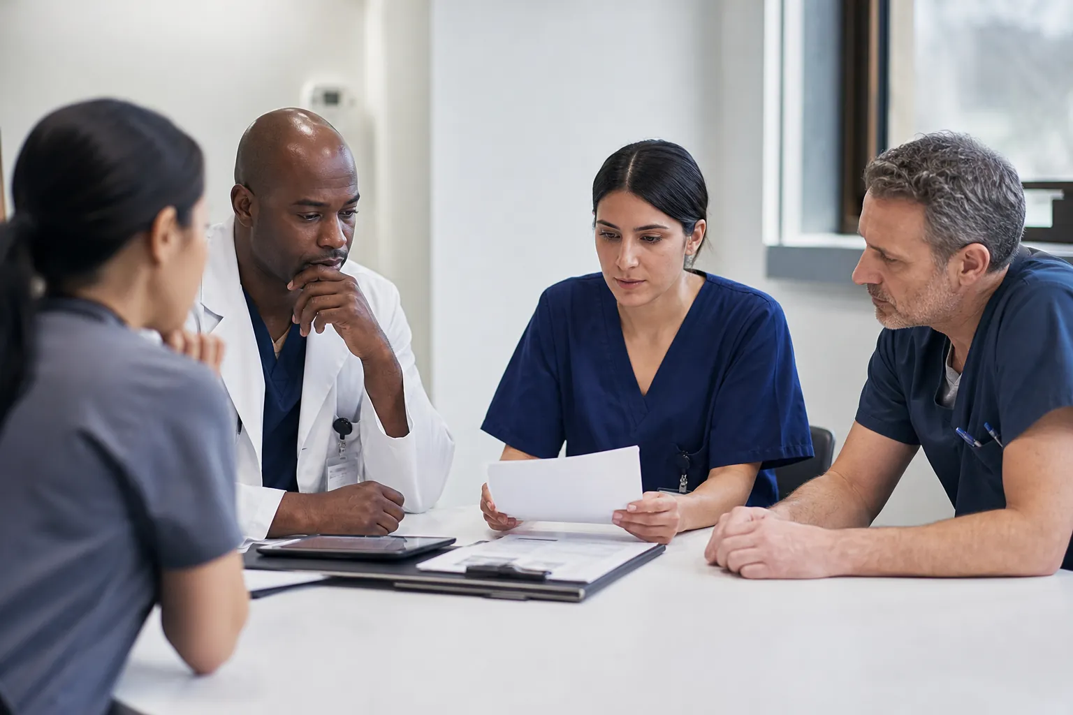 Four healthcare professionals in scrubs and a white coat review paperwork together around a table in a clinical room.