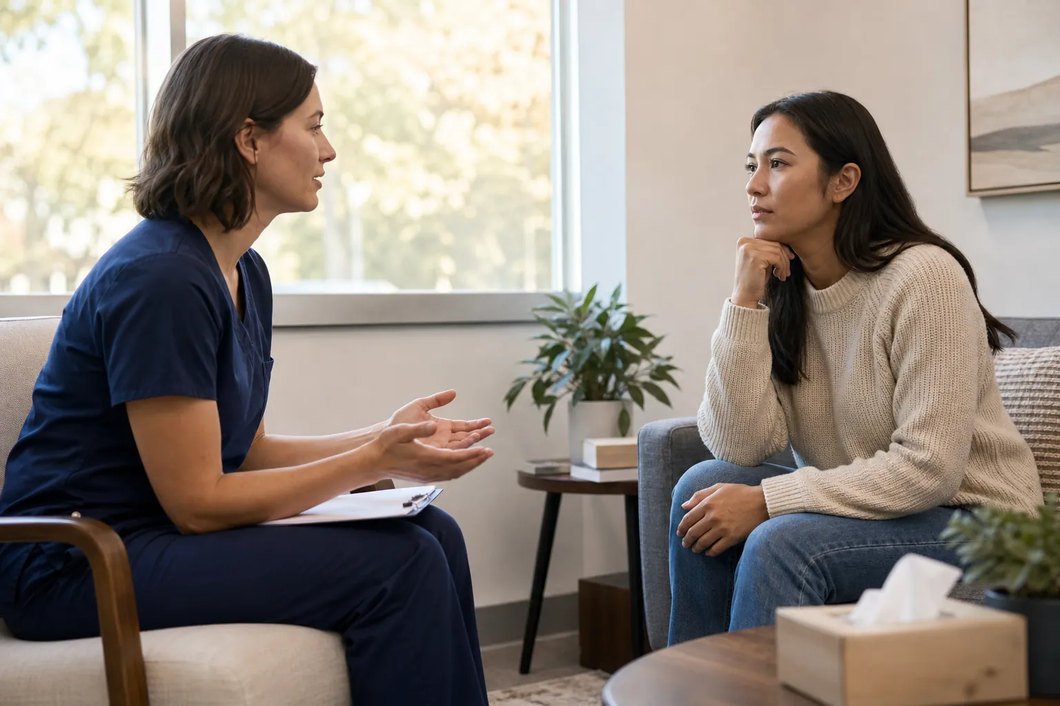 A healthcare worker in navy scrubs gestures while talking with a seated woman in a cream sweater, with a clipboard on her lap.