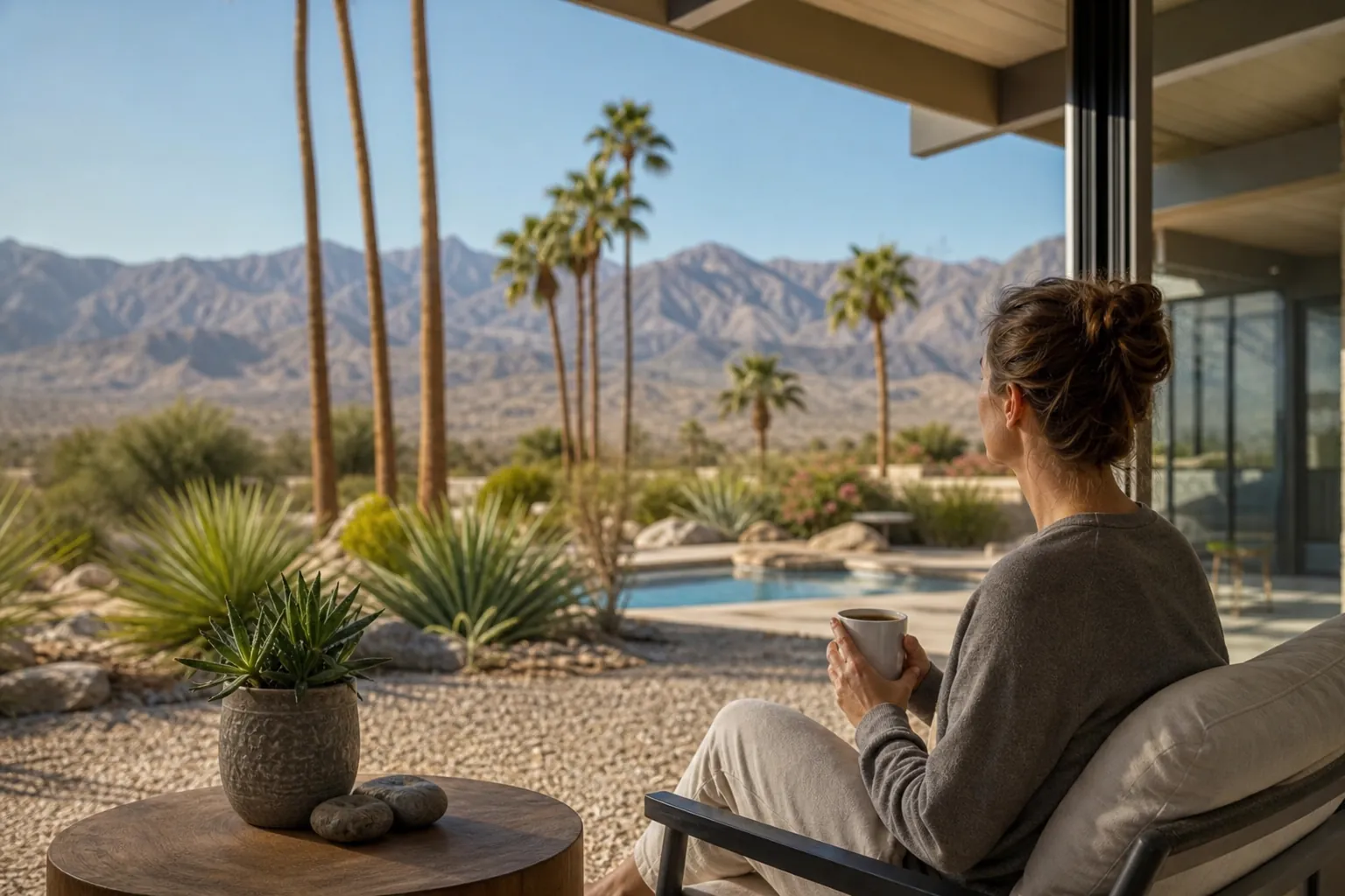 A woman holds a mug on a shaded patio overlooking a pool, desert plants, palm trees, and rugged mountains.
