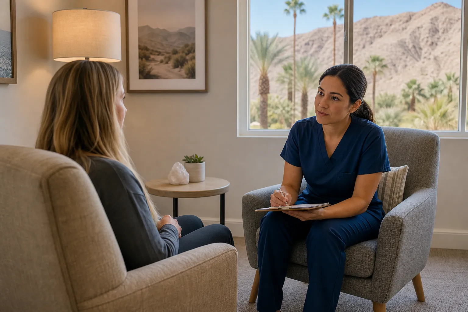 A clinician in navy scrubs takes notes while meeting with a seated woman, with desert mountains and palms outside the window.