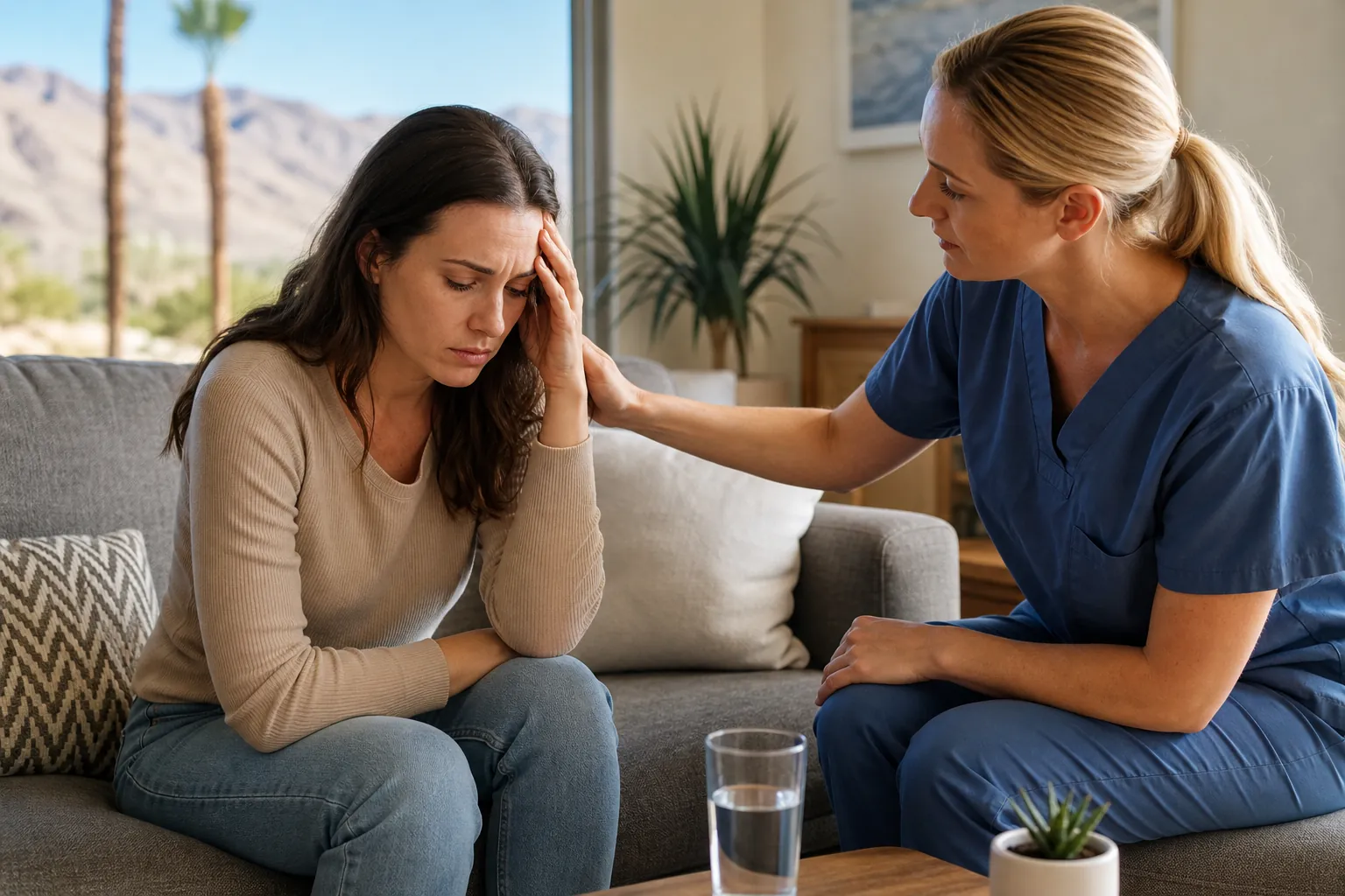 A woman holds her forehead on a couch while a caregiver in blue scrubs comforts her, with desert mountains outside.