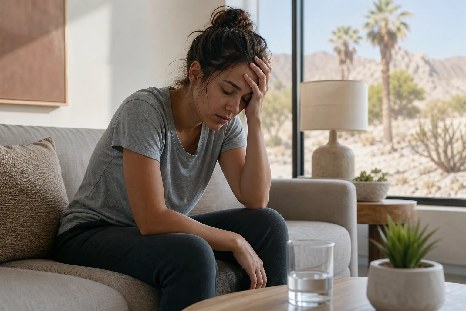 A woman sits hunched on a sofa with eyes closed and a hand on her forehead, with desert mountains and palms outside.
