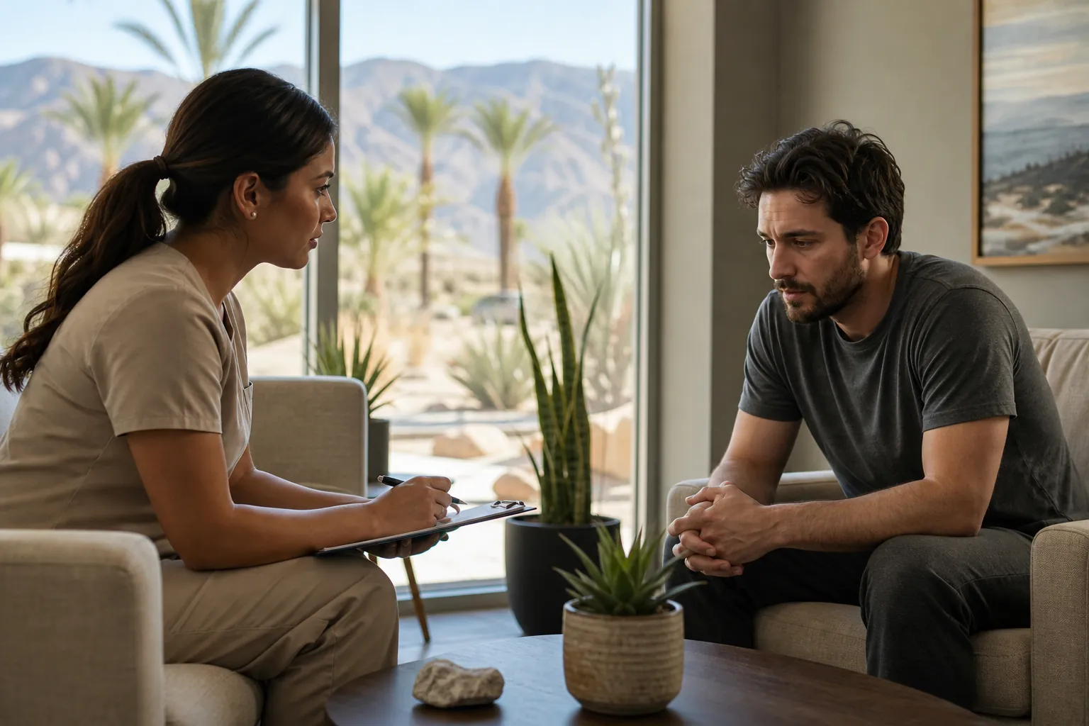 A woman in scrubs holds a clipboard while talking with a seated man, with palm trees and desert mountains outside.