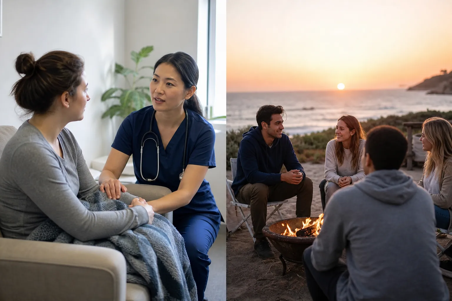 Split image of a clinician in navy scrubs speaking with a seated woman and four adults gathered around a coastal fire pit at sunset.