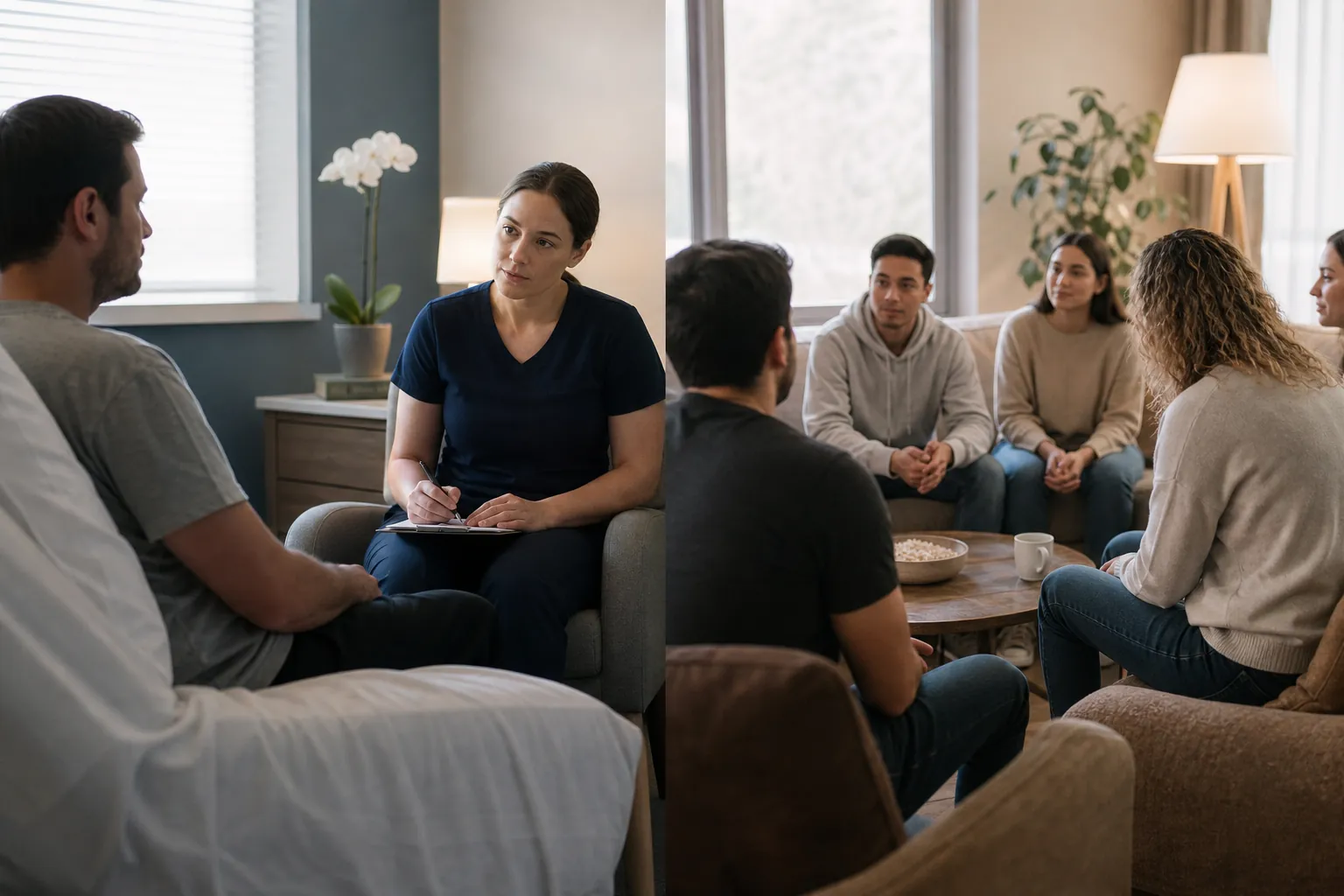 Side-by-side scenes of a woman in navy scrubs taking notes during a conversation with a seated man and adults sitting together in a group.