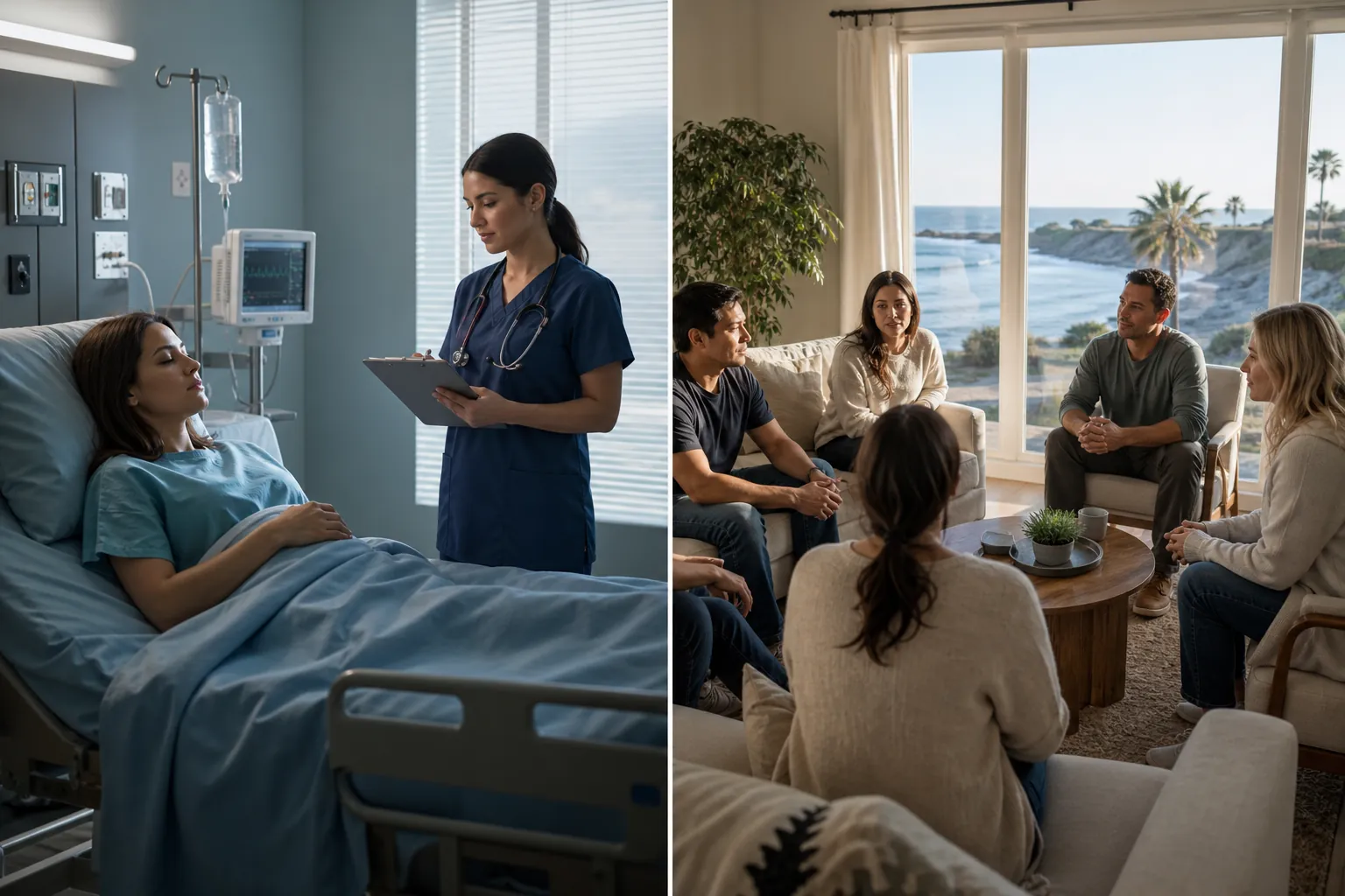 Split image showing a nurse beside a patient in a hospital bed and adults seated in a group discussion in a room overlooking the ocean.