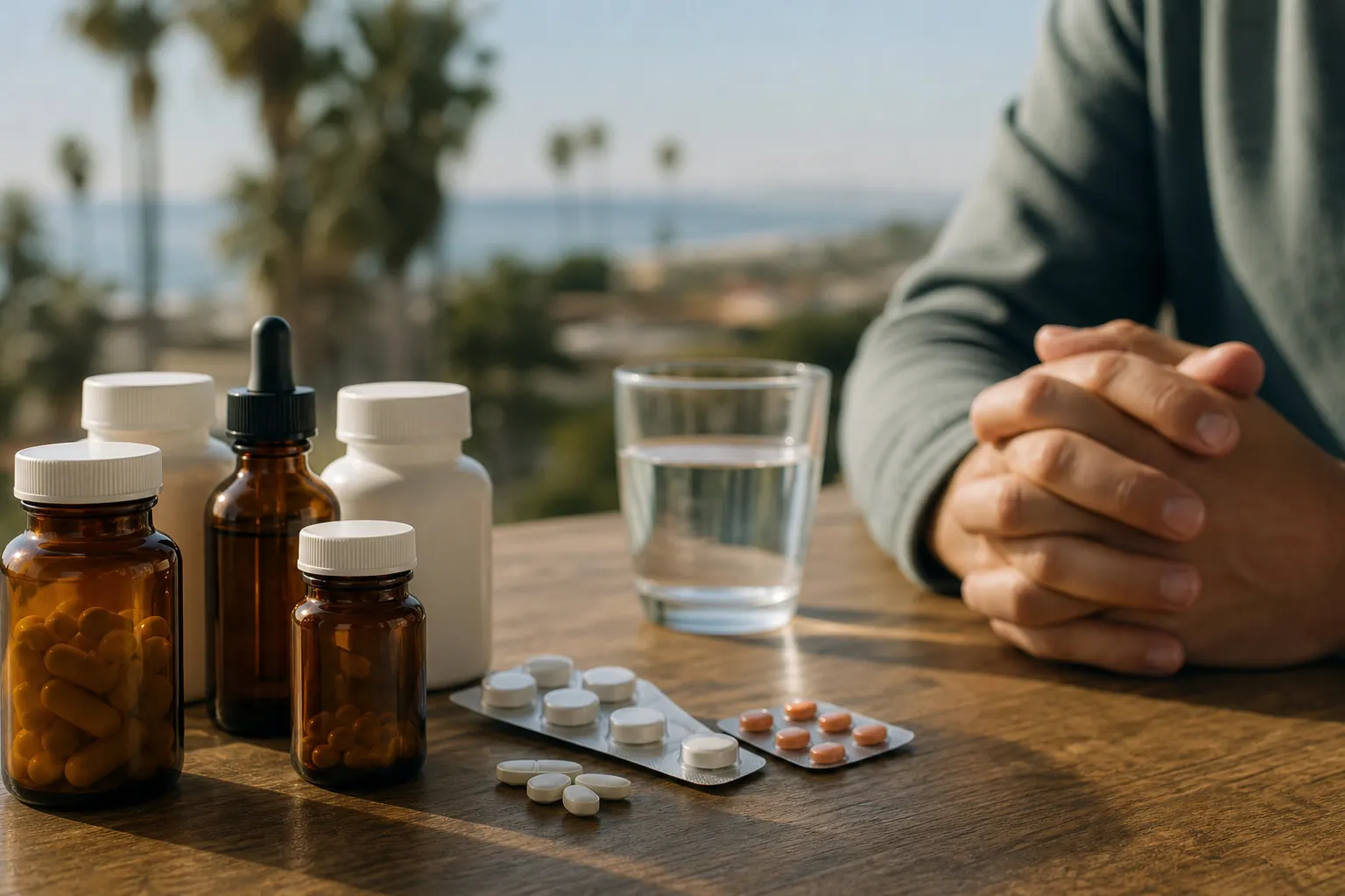 Medication bottles, blister packs, loose pills and a glass of water on a wooden table beside a person with clasped hands.
