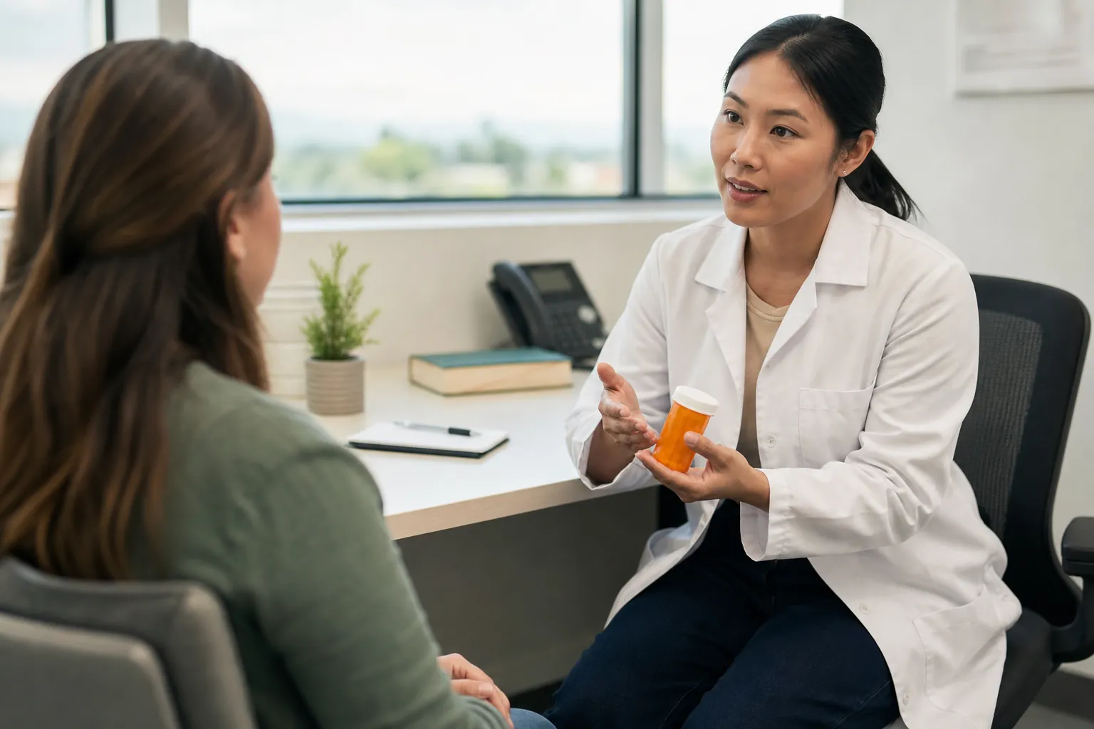 A clinician in a white coat holds an orange prescription bottle while speaking with a seated patient in an office.
