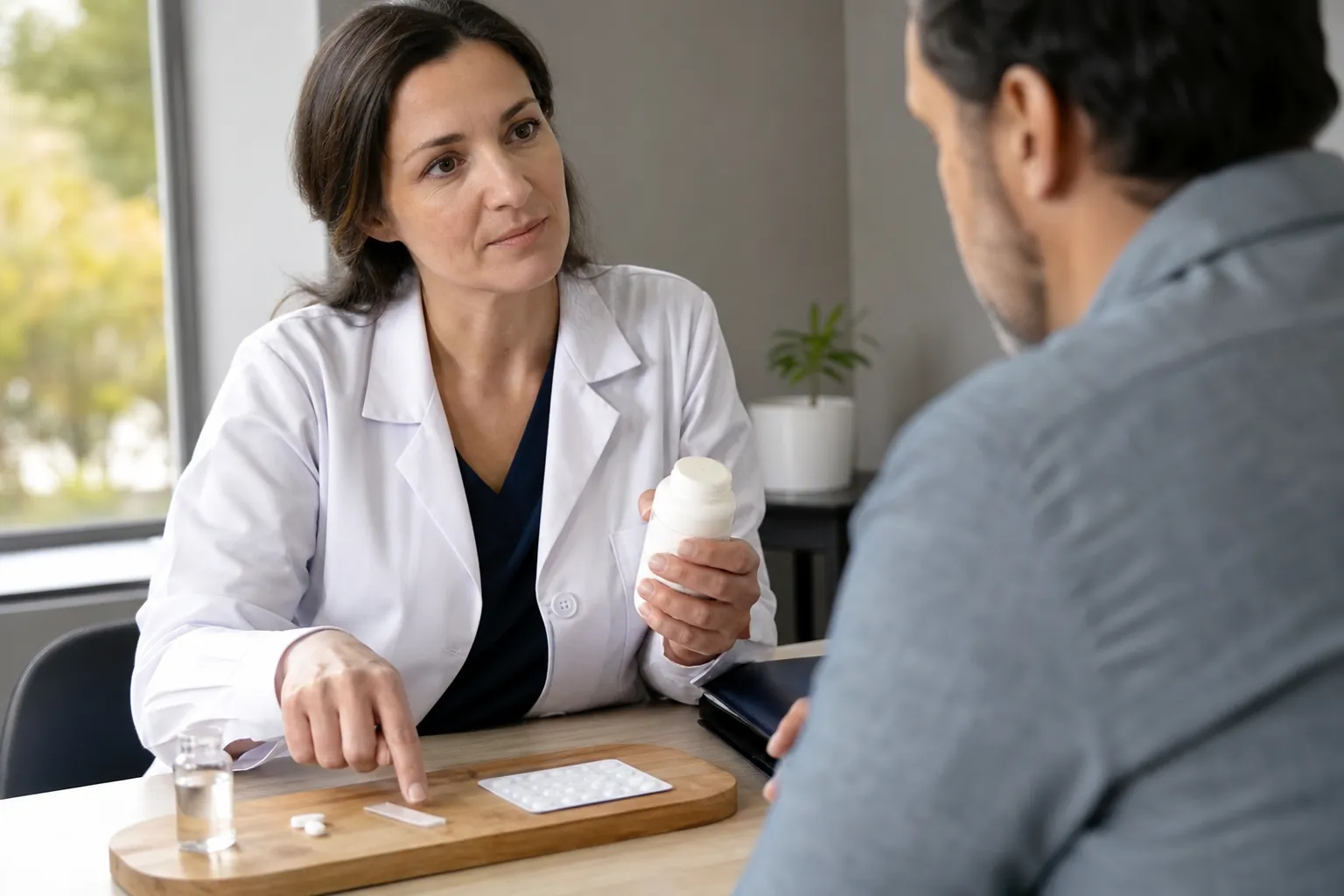 A clinician holds a white medication bottle and points to medicines on a wooden tray while speaking with a seated man.