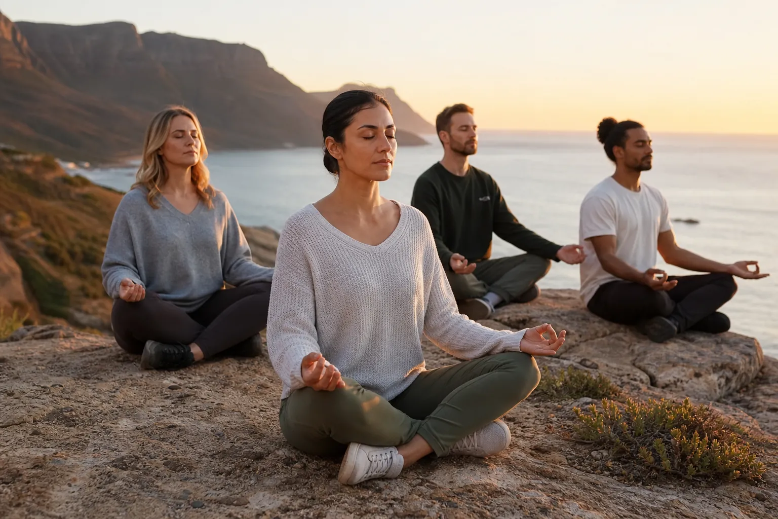 Group meditation on a coastal overlook at sunset Four adults sit cross-legged with eyes closed, meditating on a rocky coastal overlook at sunset.