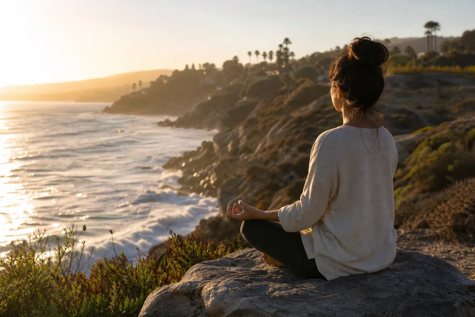 Woman Meditating on a Coastal Cliff at Sunset Woman seated cross-legged in meditation on a coastal cliff, facing the ocean at sunset