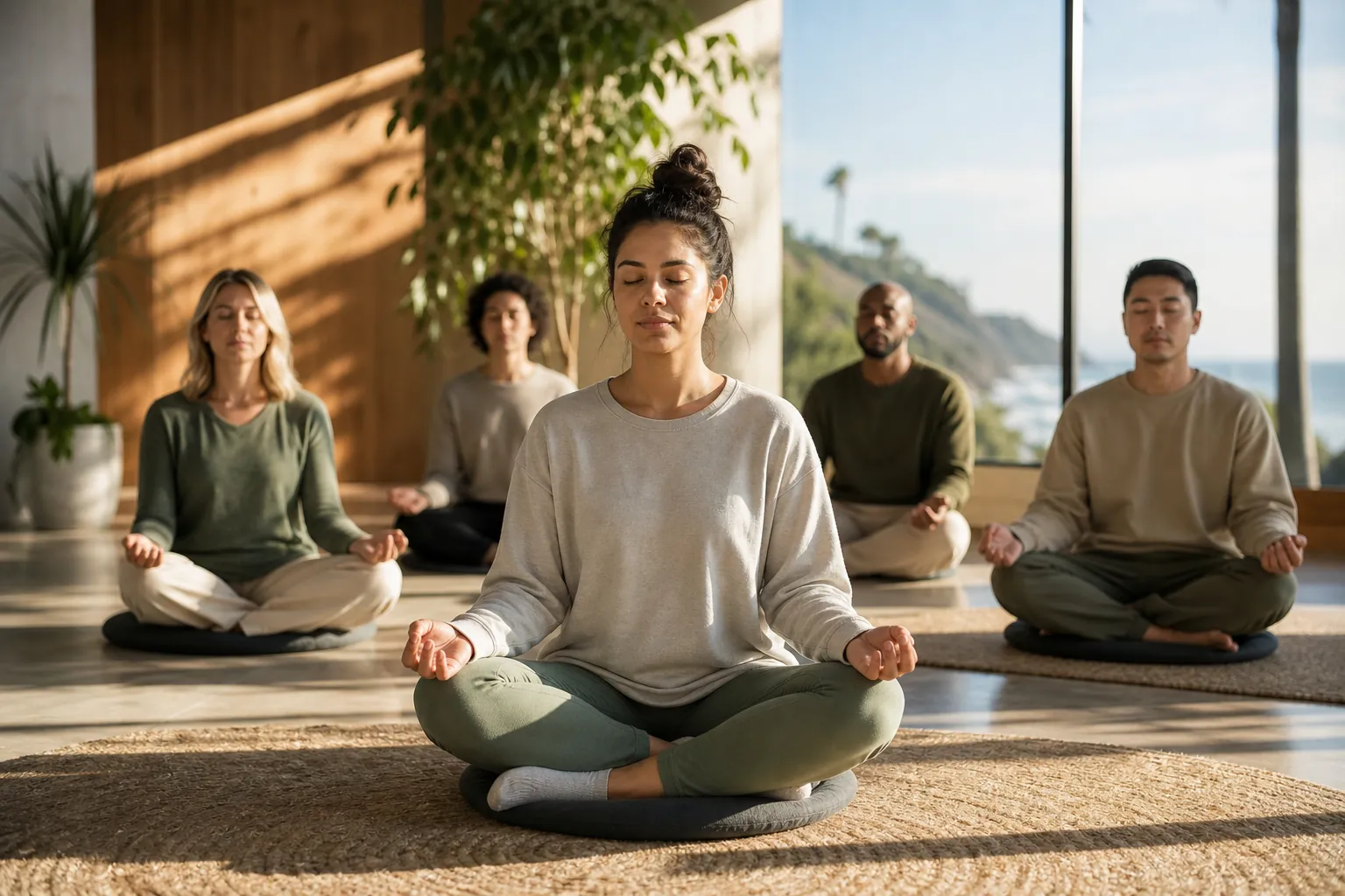 Group meditation session in a bright coastal studio Five adults sit cross-legged with eyes closed during a group meditation session in a bright coastal studio.