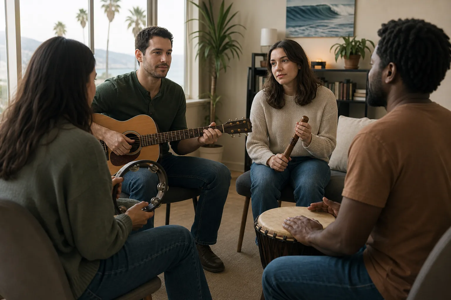 Group Music Therapy Session With Acoustic Instruments Four adults sit in a circle playing guitar, tambourine, recorder, and hand drum during a music therapy session.