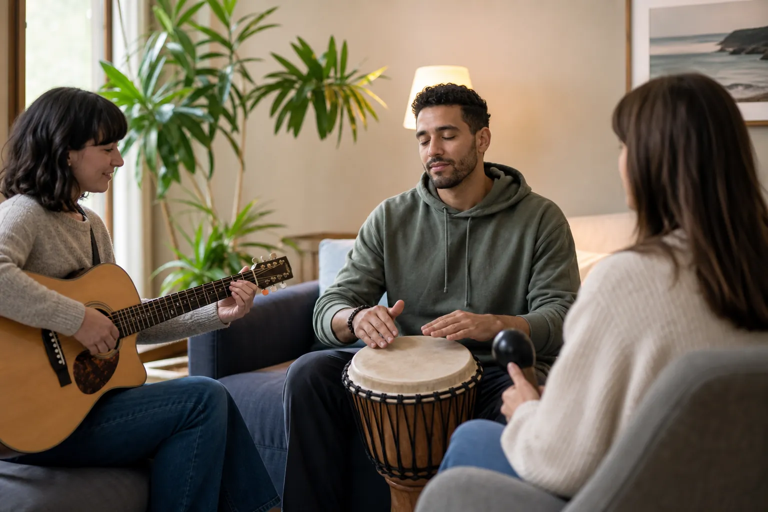 Group Music Therapy Session With Guitar and Percussion Three adults play guitar, hand drum, and maraca together during a relaxed group music therapy session.