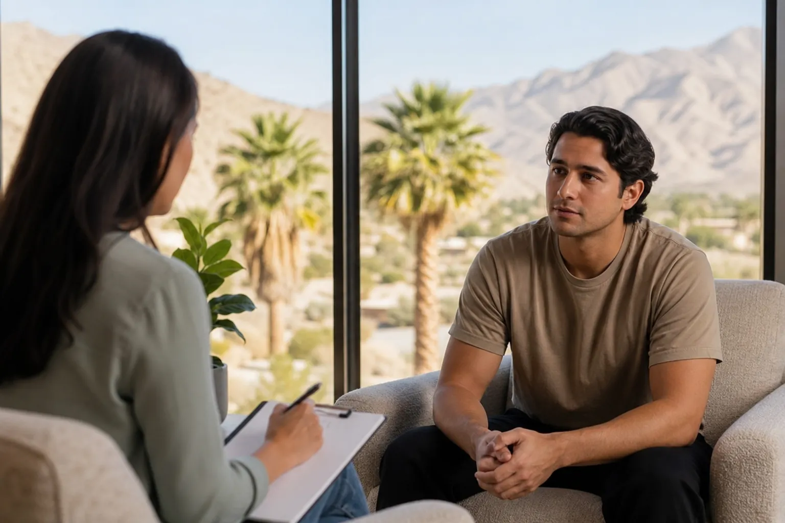 Counseling Conversation With Desert Mountain Views A man sits with clasped hands facing a woman holding a clipboard, with palm trees and desert mountains outside large windows.