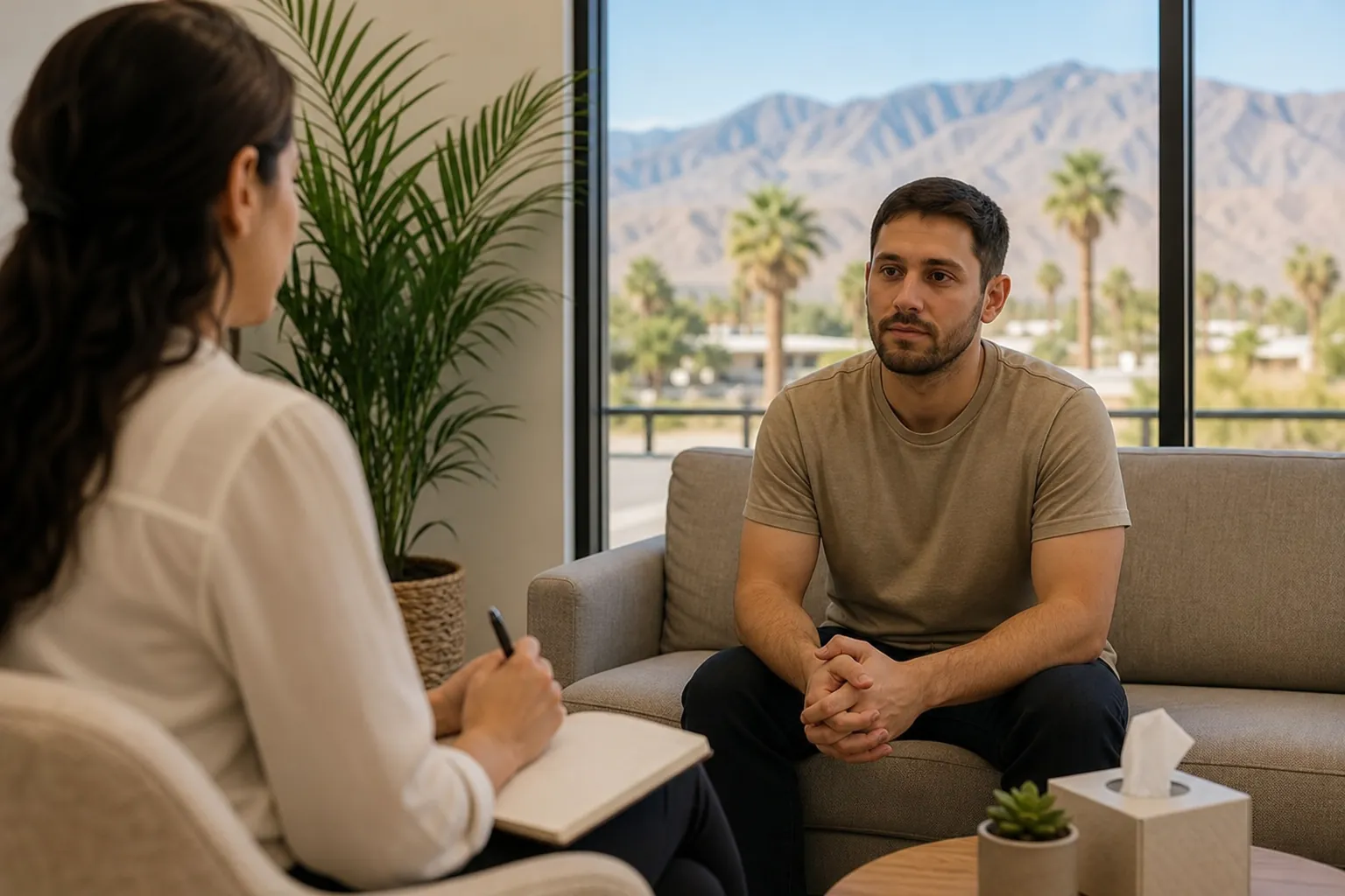 Counseling Conversation in a Desert Setting A man sits on a sofa facing a woman holding a pen and notebook, with palm trees and desert mountains outside the window.