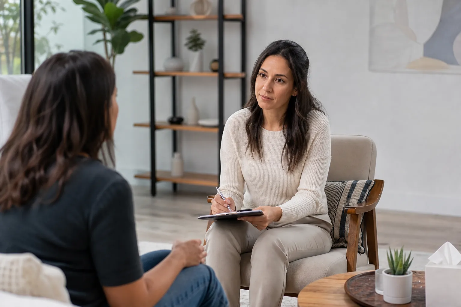Therapist and Client in an Individual Counseling Session A therapist holding a clipboard listens attentively to a client during a private counseling session.