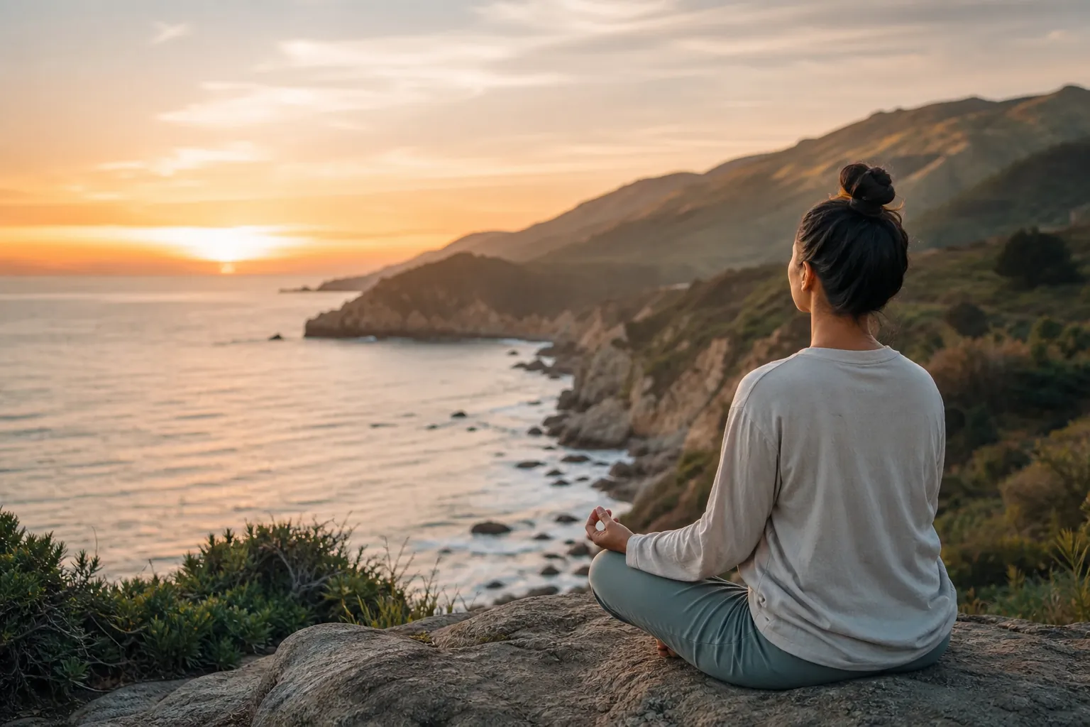 Meditation on the California Coast at Sunset Woman meditating on a coastal bluff at sunset, overlooking the ocean and rugged California hills.