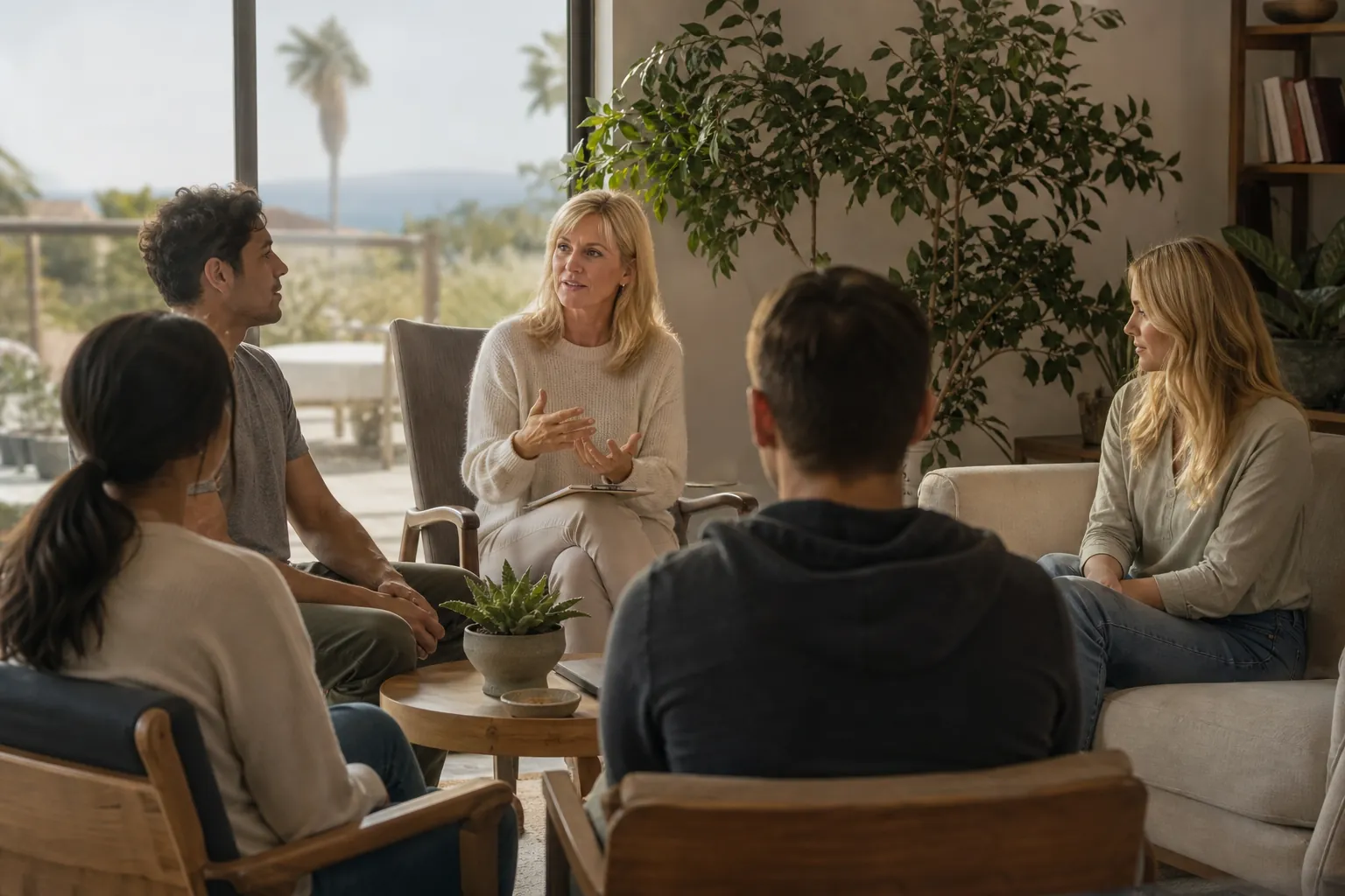 Therapist-Led Group Discussion in Coastal California Five adults sit in a therapist-led group discussion in a bright coastal California room with palm trees outside.