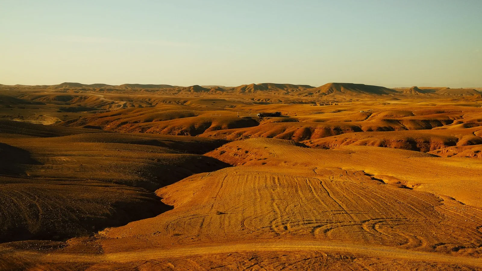 Rolling desert dunes at sunset