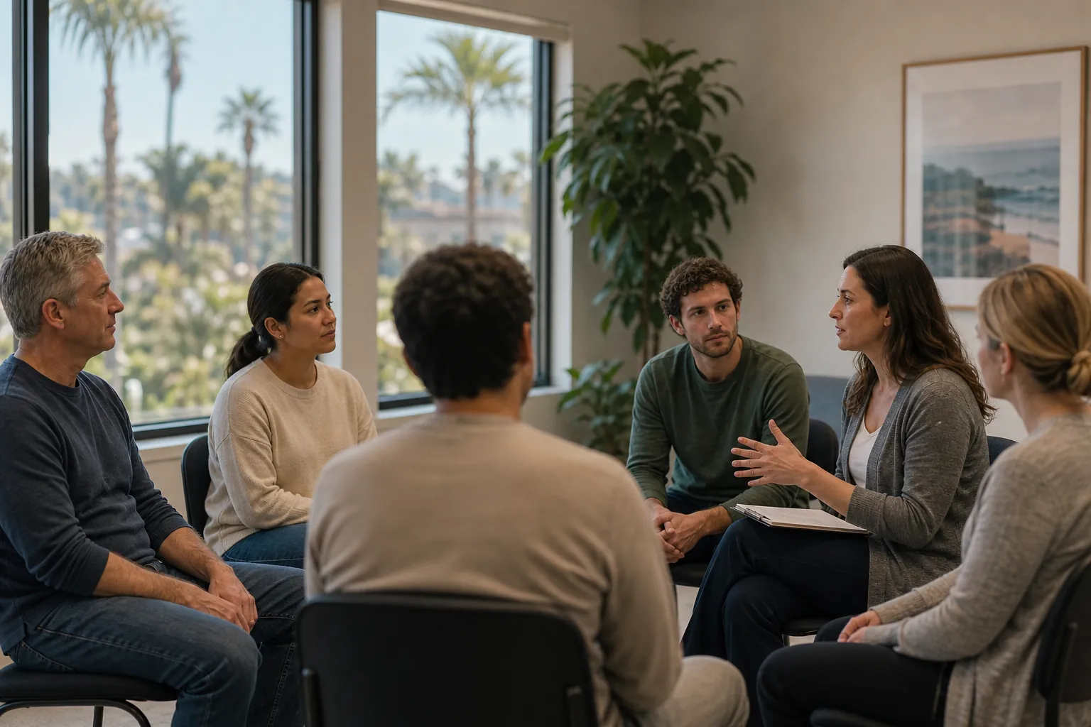 Six adults sit in a counseling circle as a woman gestures with a notebook on her lap, with palm trees visible outside.